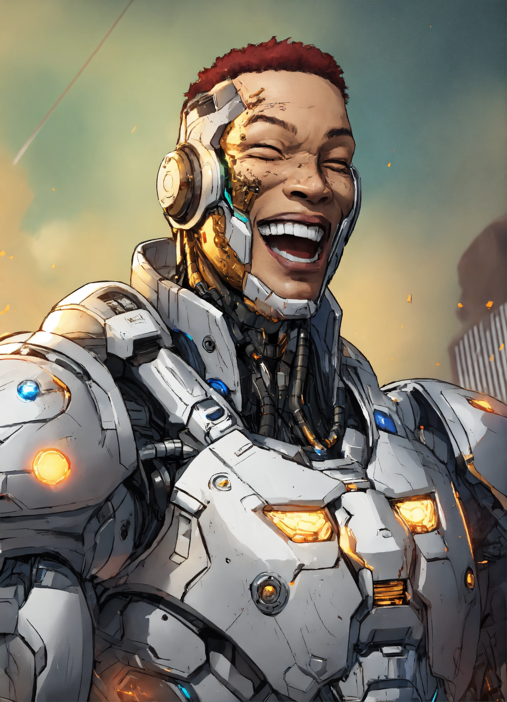 Lexica - Cyborg telling a joke making a crowd laugh loud