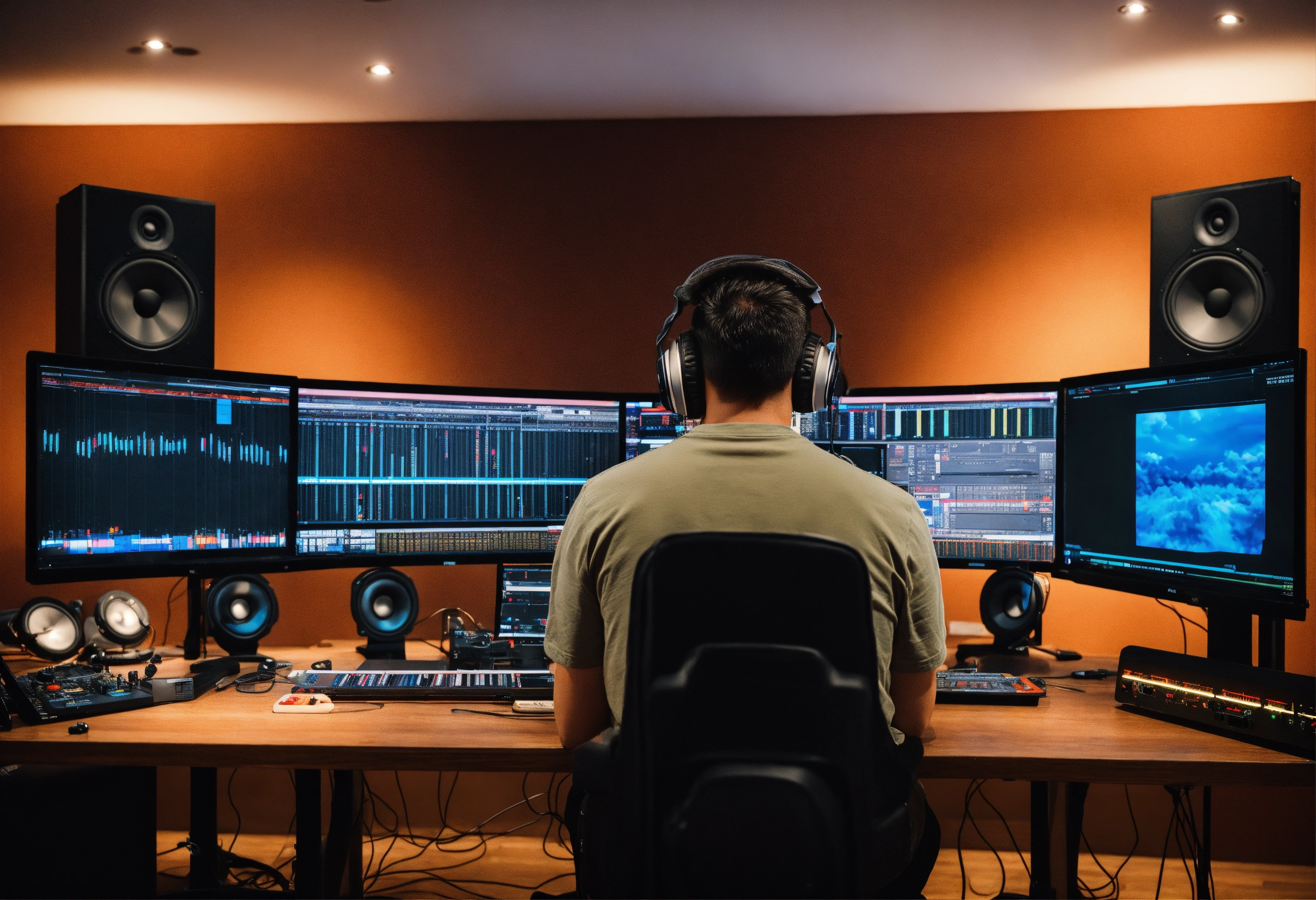 Lexica - Photo a sound engineer at a computer - a person is sitting at ...