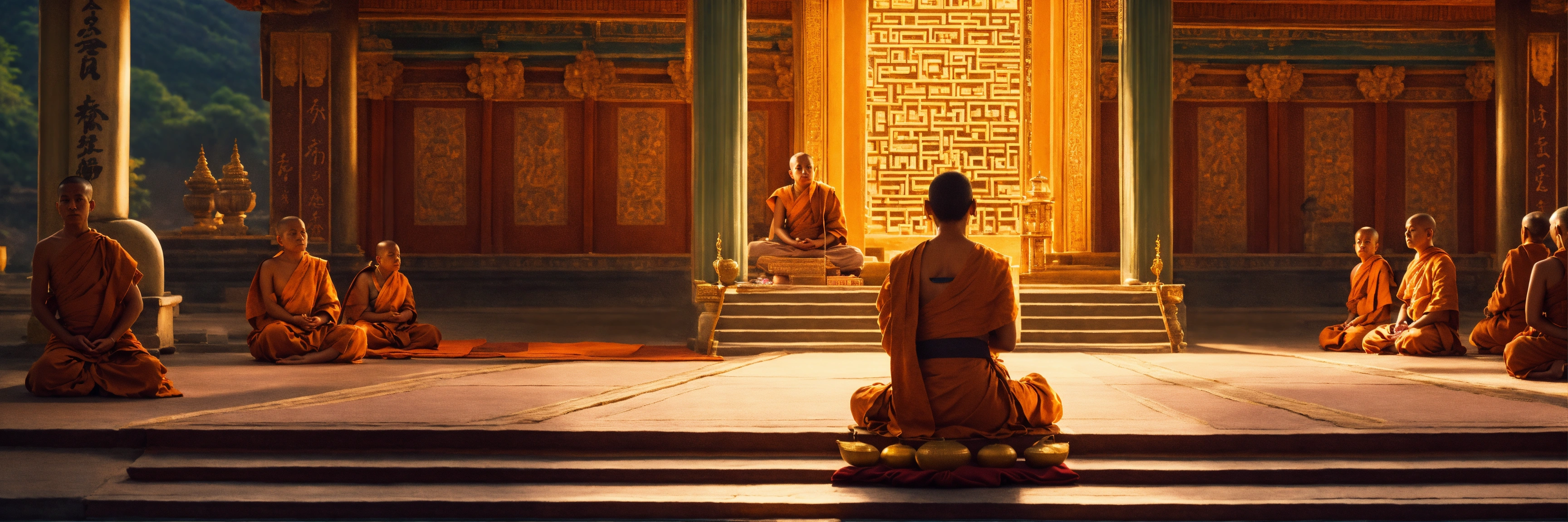 Lexica - A serene woman monk sits in deep meditation, her master monk ...