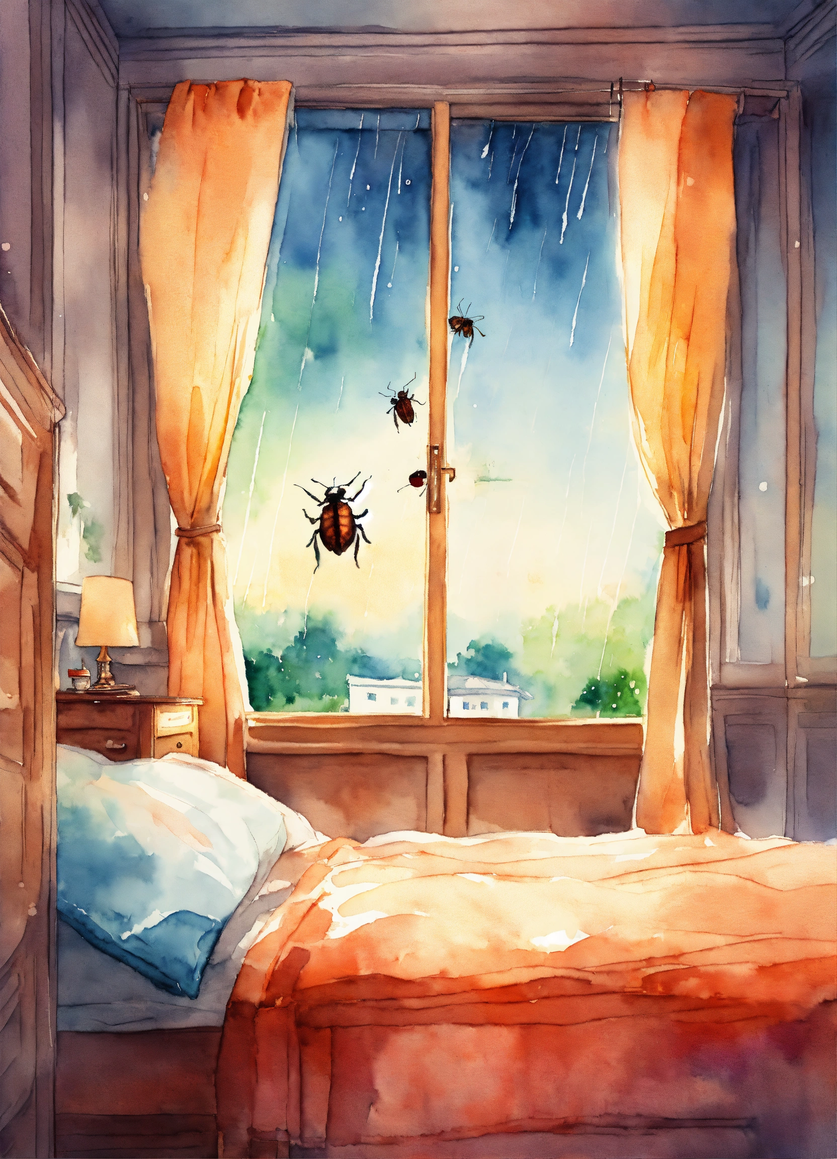 Lexica - In a room next to the window, on the bed a bug is lying on his ...