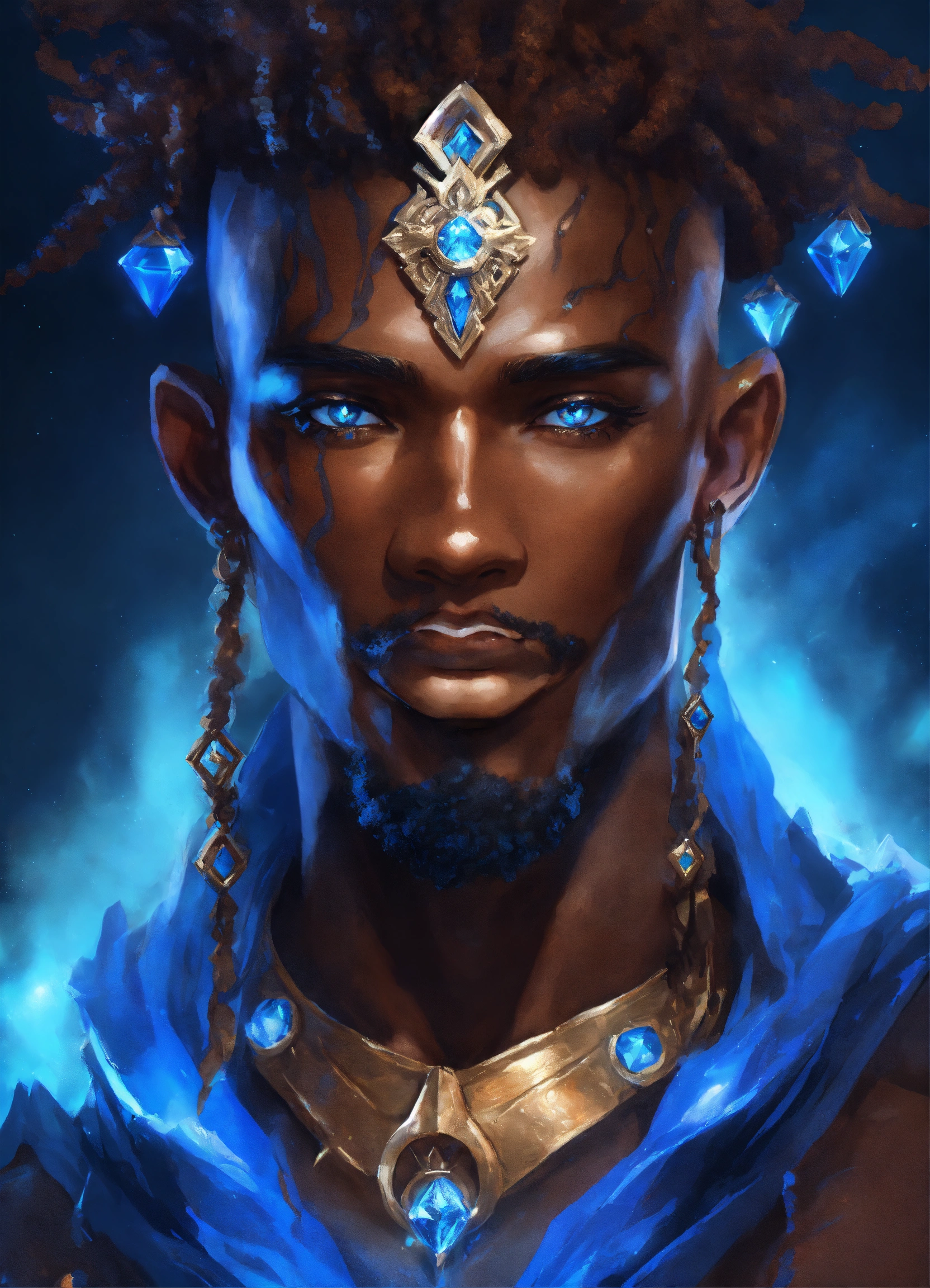 Lexica - Fantasy portrait of male earth genasi, brown skin, rock-textured  skin, luminous crystals embeded into flesh, bluish eyes, dark locs, dark  br...