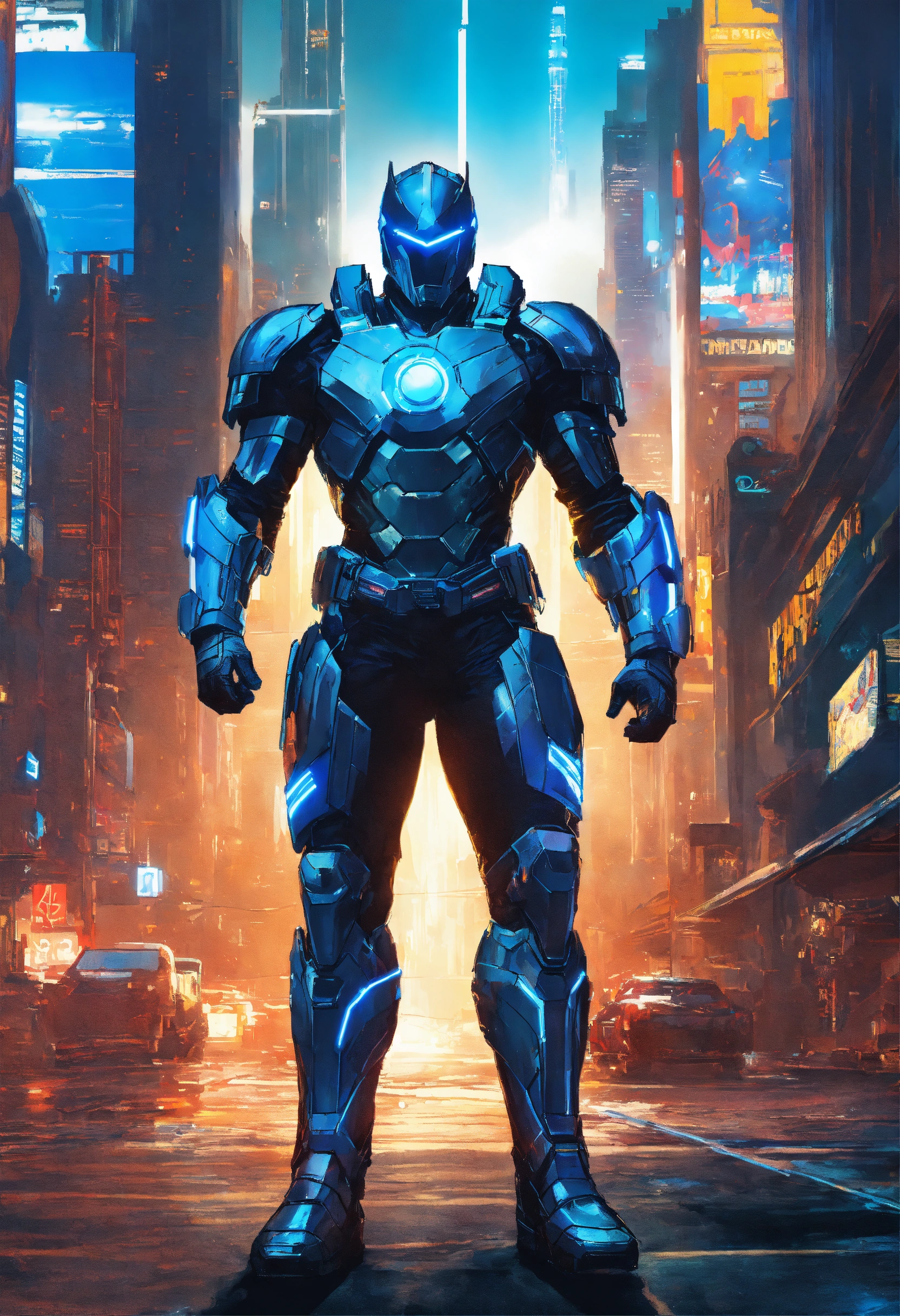 Lexica - Futuristic superhero, wearing a sleek suit of armor, neon blue ...