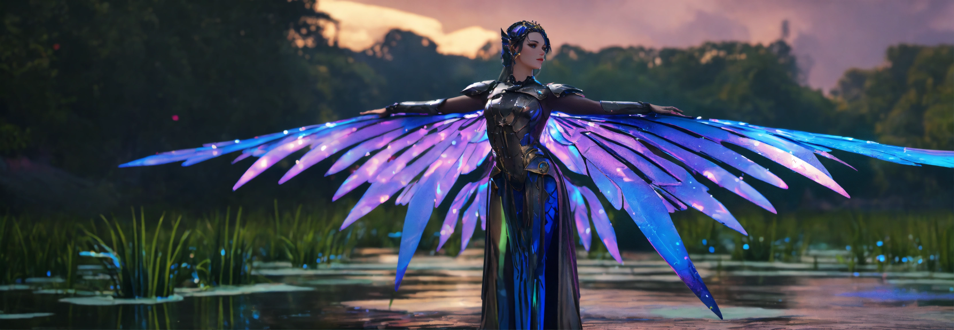 Lexica - Gorgeous renaissance cyberangel, swamp landscape, 65mm lens ...