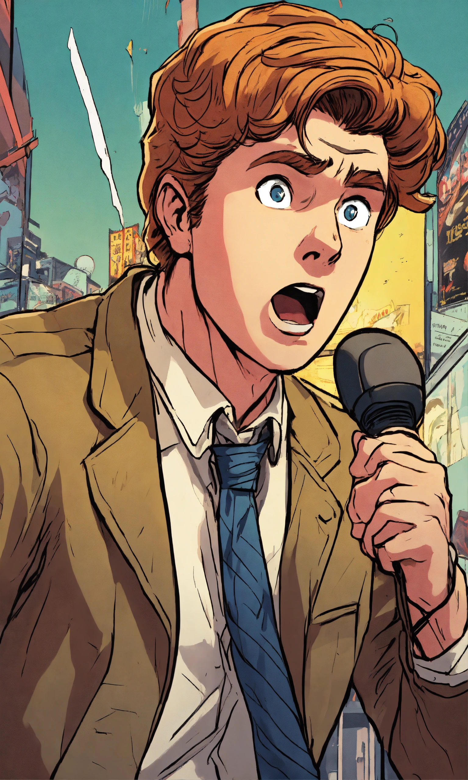 Lexica - A hysteric news reporter, with exaggerated features and a ...