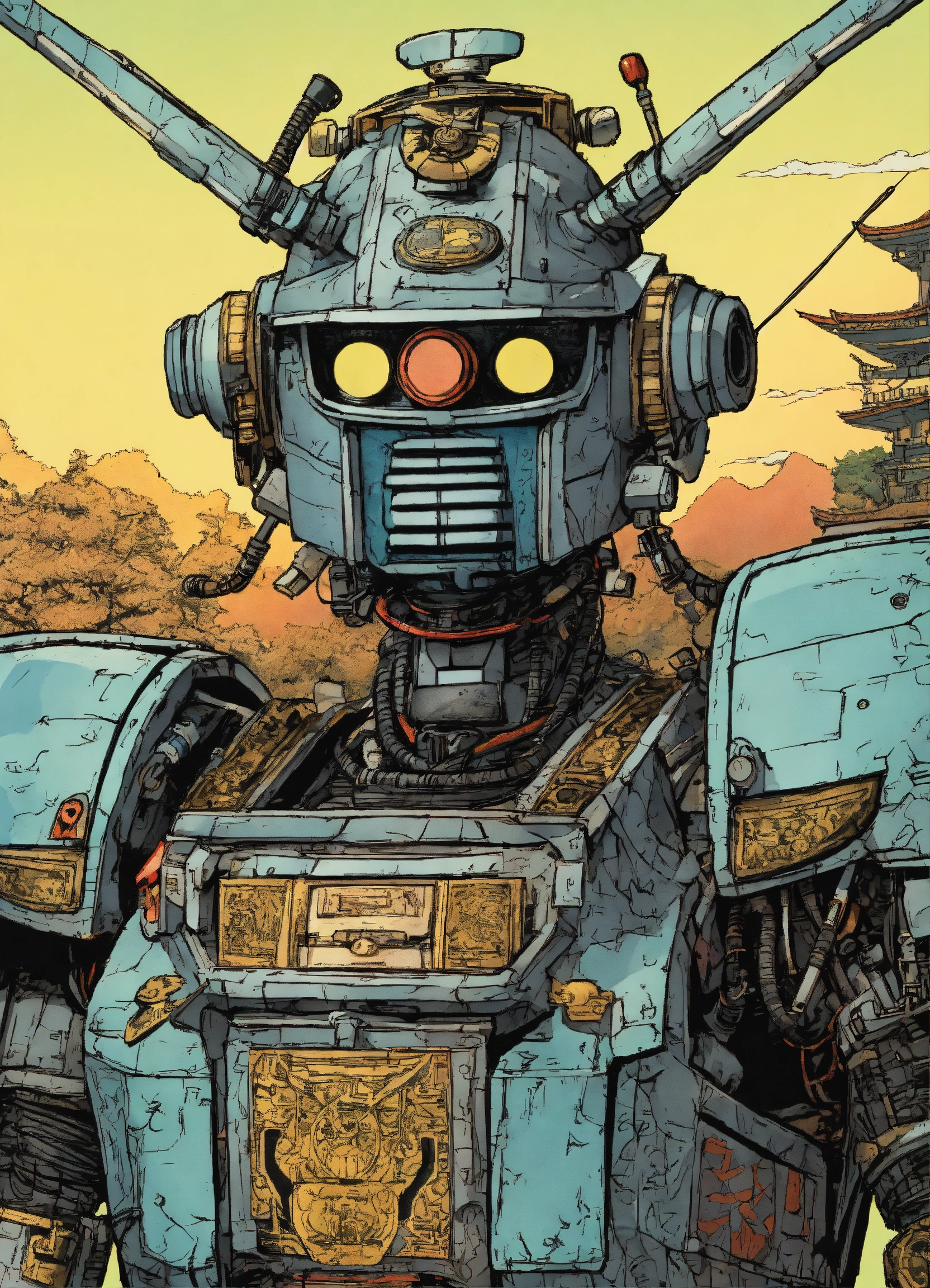 Lexica - Detailed pen and ink illustration of a samurai robot, front ...
