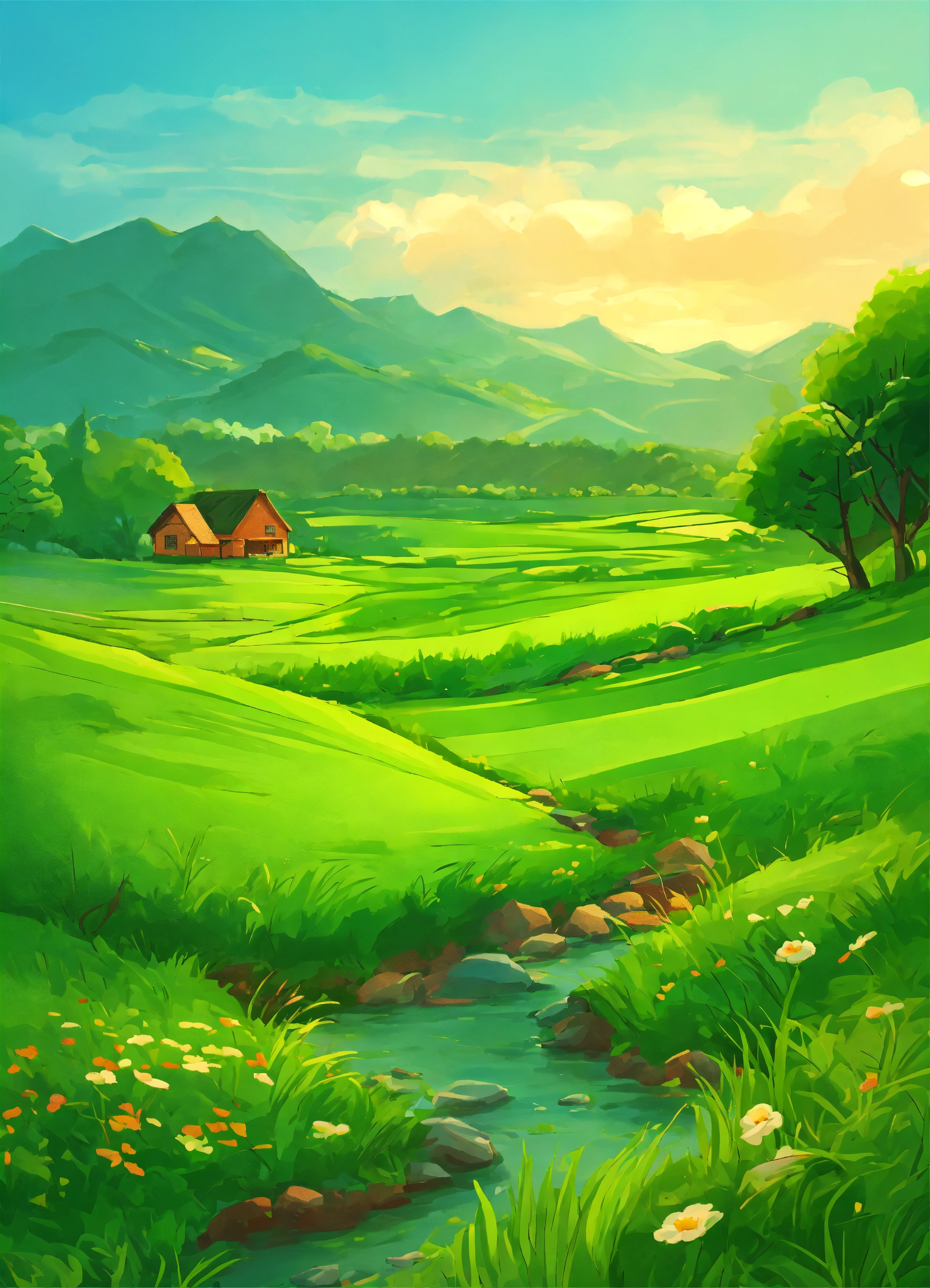 Lexica - The grass field is green landscape cartoon style painting