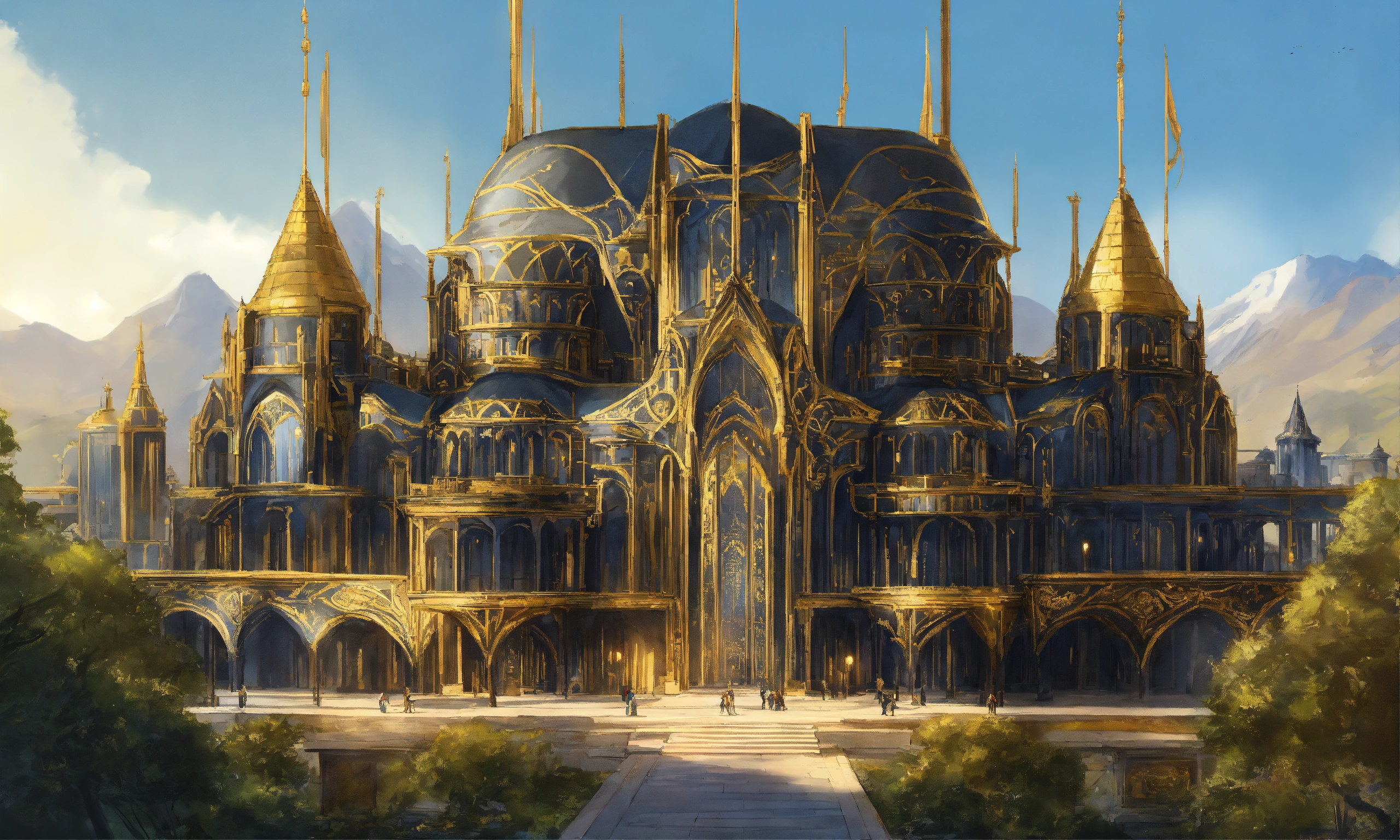 Lexica - Drawing of the full image of a massive black and gold elegant ...