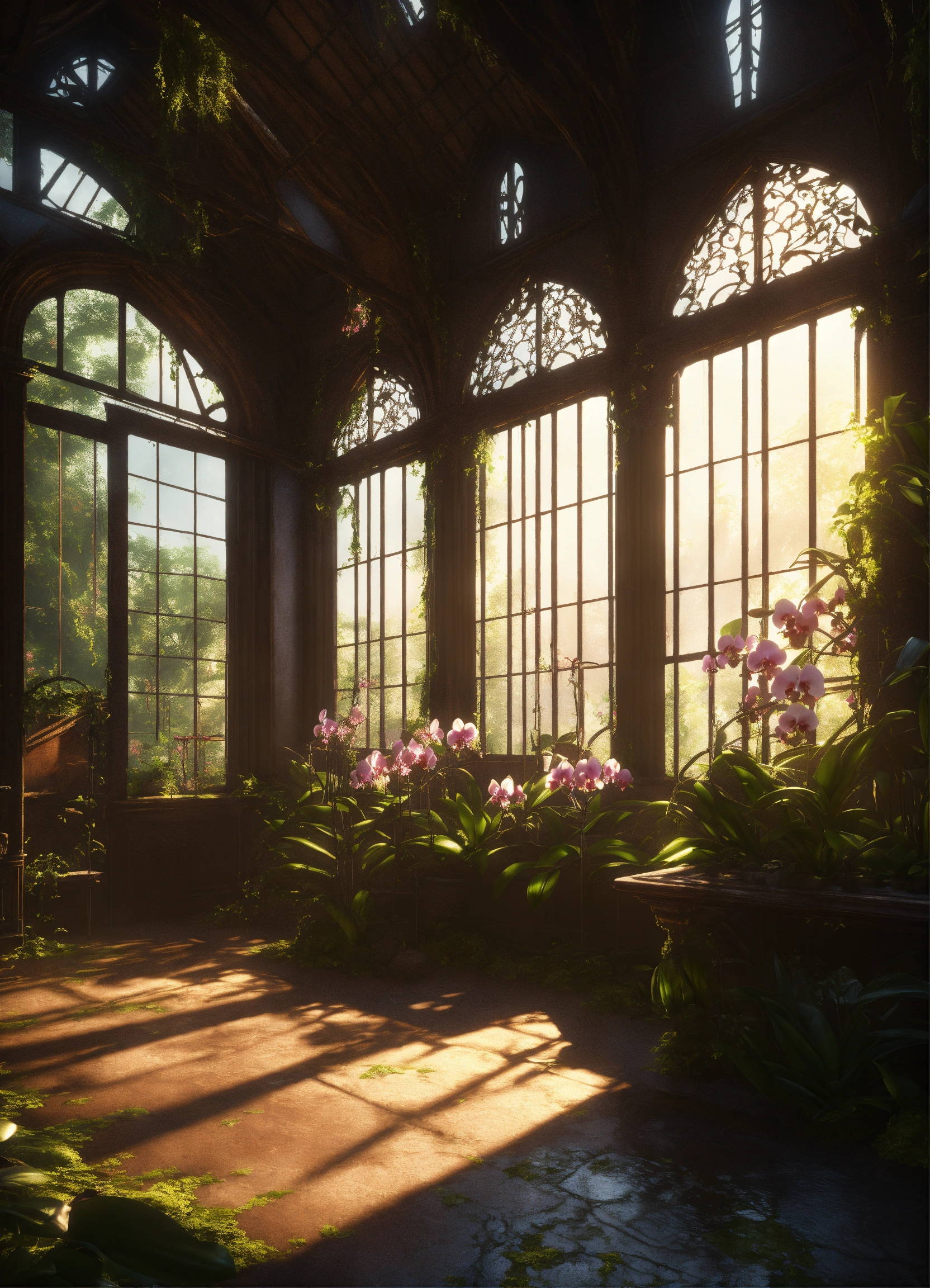 Lexica - Interior an old greenhouse overgrown with orchids, gothic ...