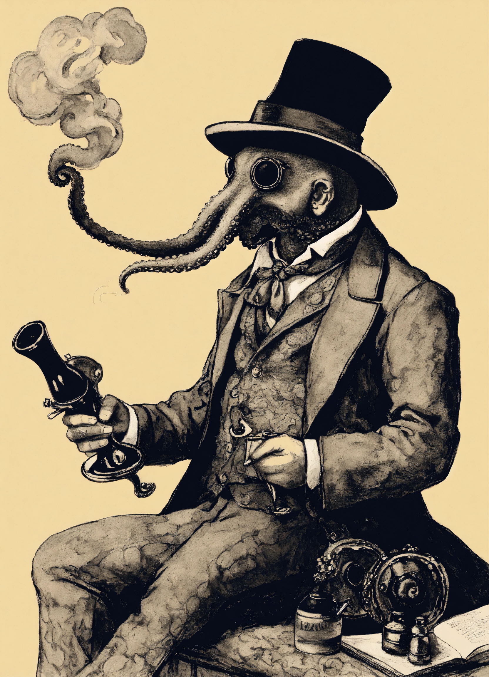 Lexica - Ink drawing of a scene of an octopus smoking a pipe and ...