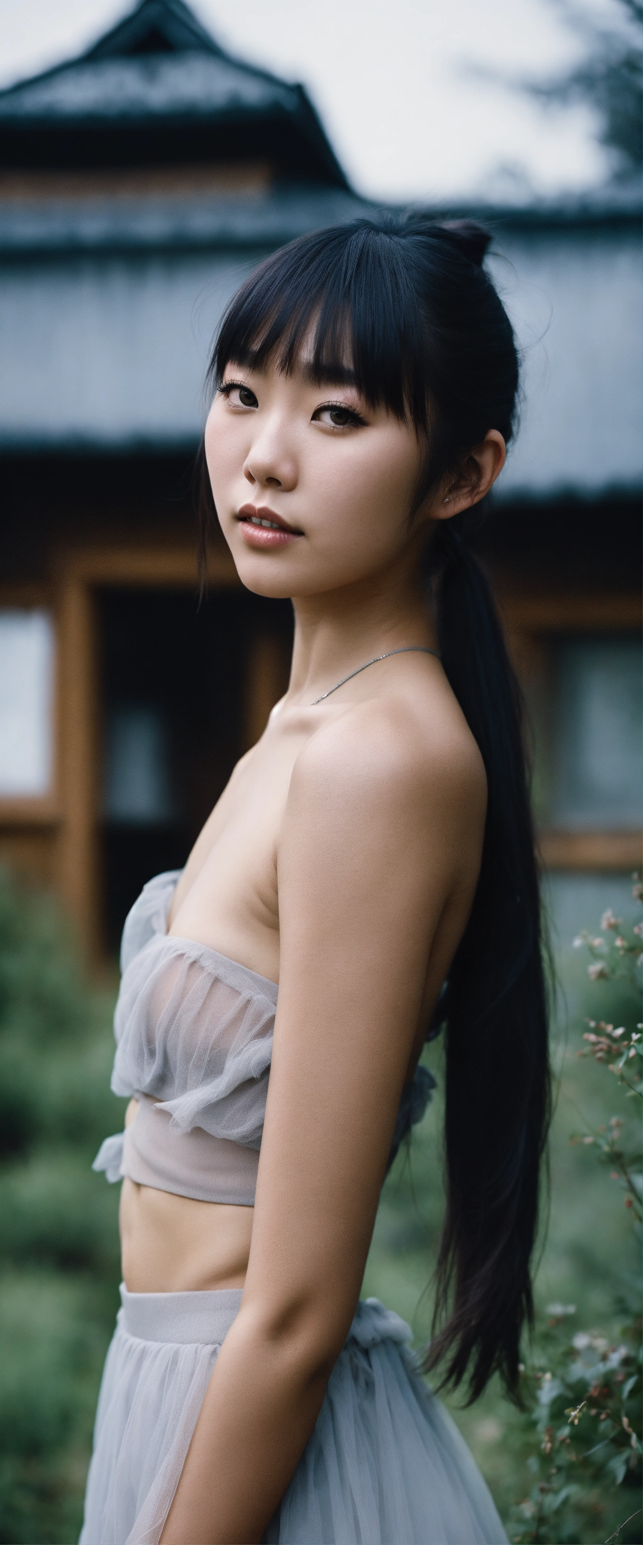 Lexica - Portrait of a beautiful gorgeous Japanese young woman with a  ponytail with bangs, wearing a tube top and a short, ethereal dreamy foggy,  pho
