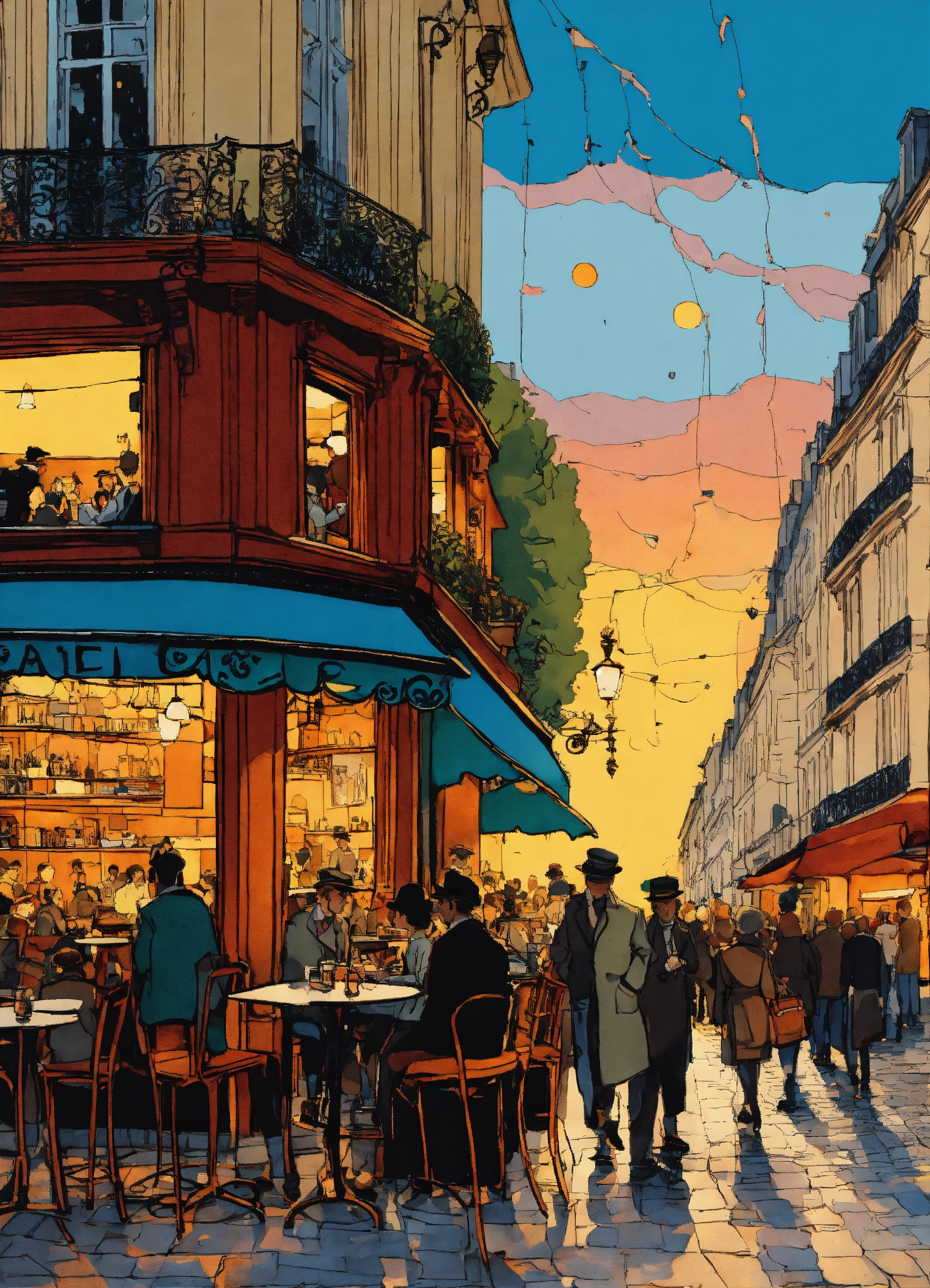 Lexica - Detailed pen and ink illustration of a Parisian café, by Herge ...