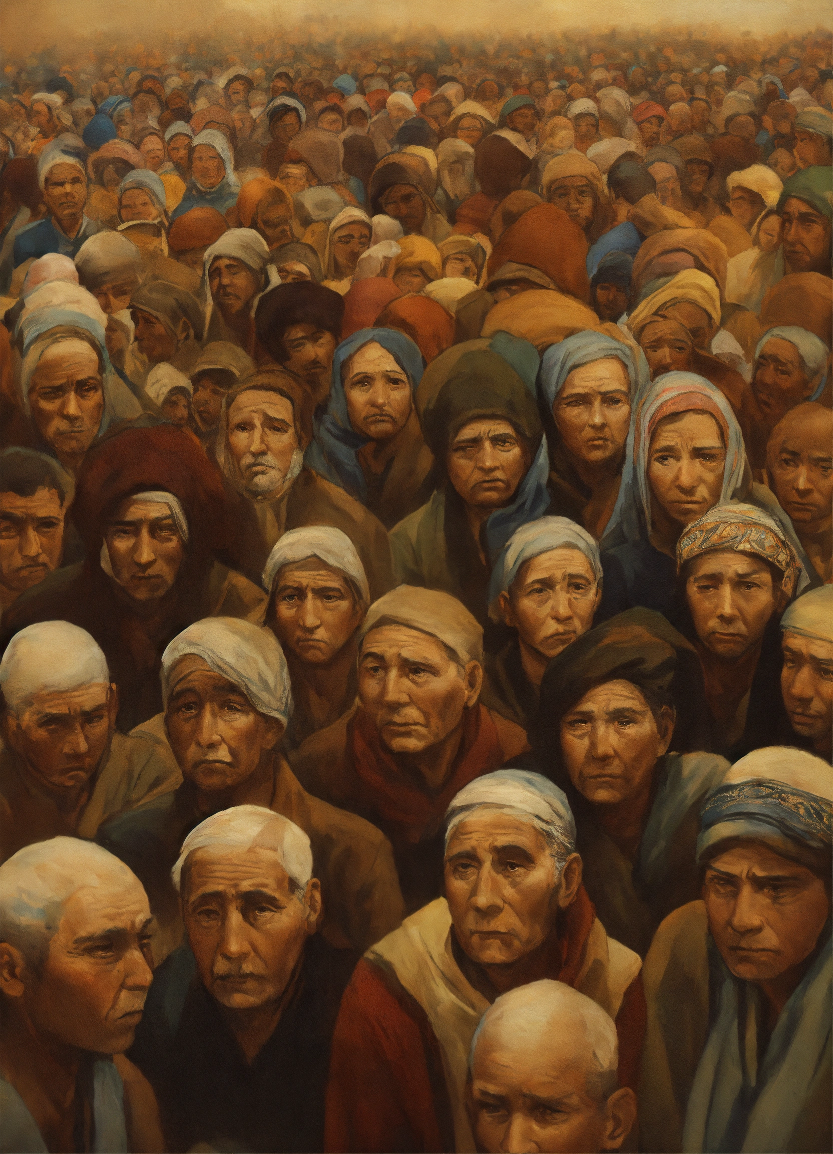 Lexica - Picture a large gathering of individuals, their faces etched ...