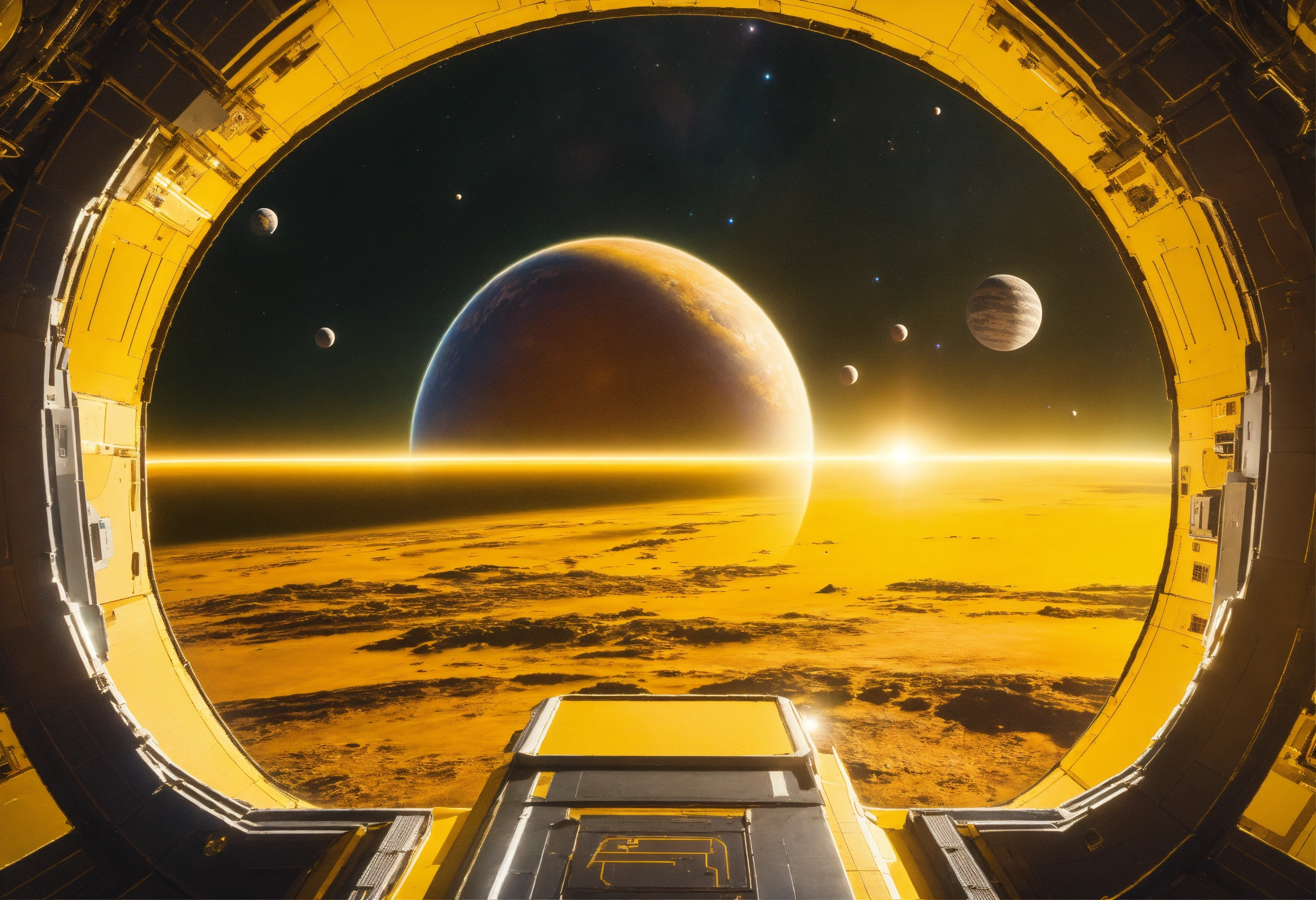 Lexica - View from dock in a yellow space station of a planet in space