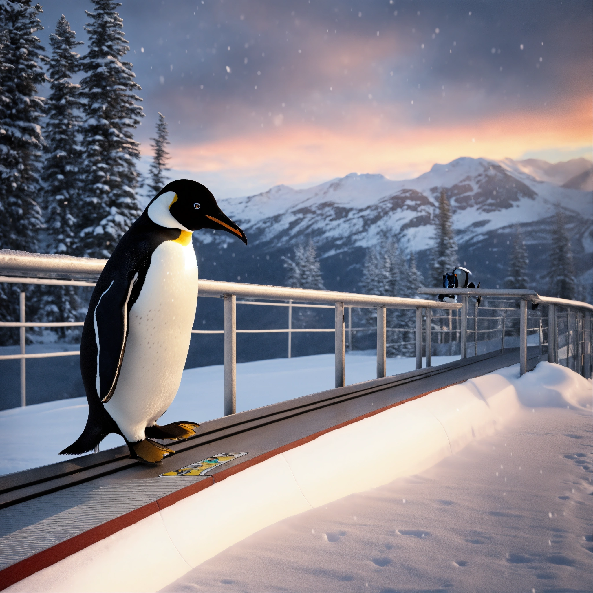 Lexica - Realistic penguin ride on snowboard slide on rail