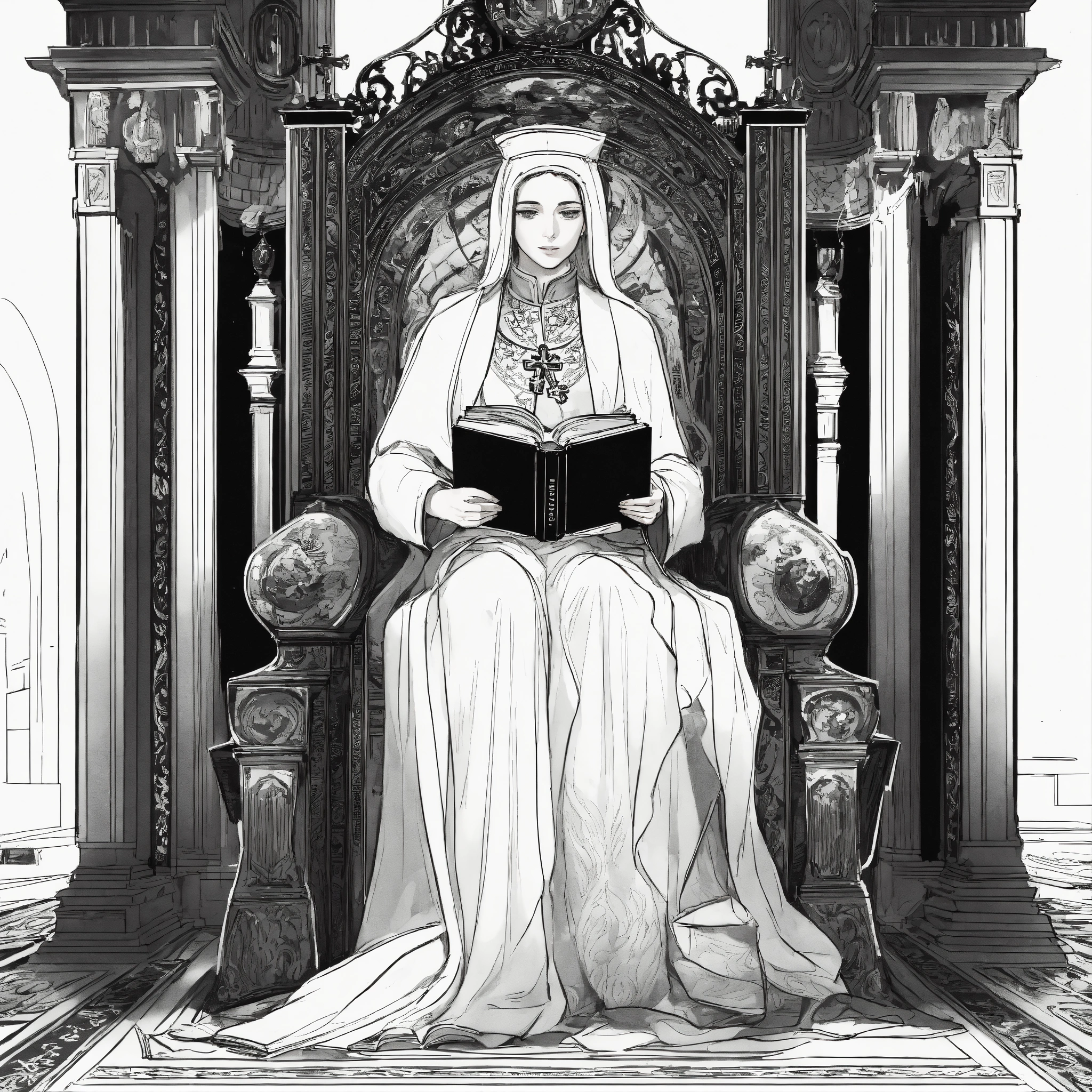 Lexica - Black and white drawing, a popess on her throne with a book in ...
