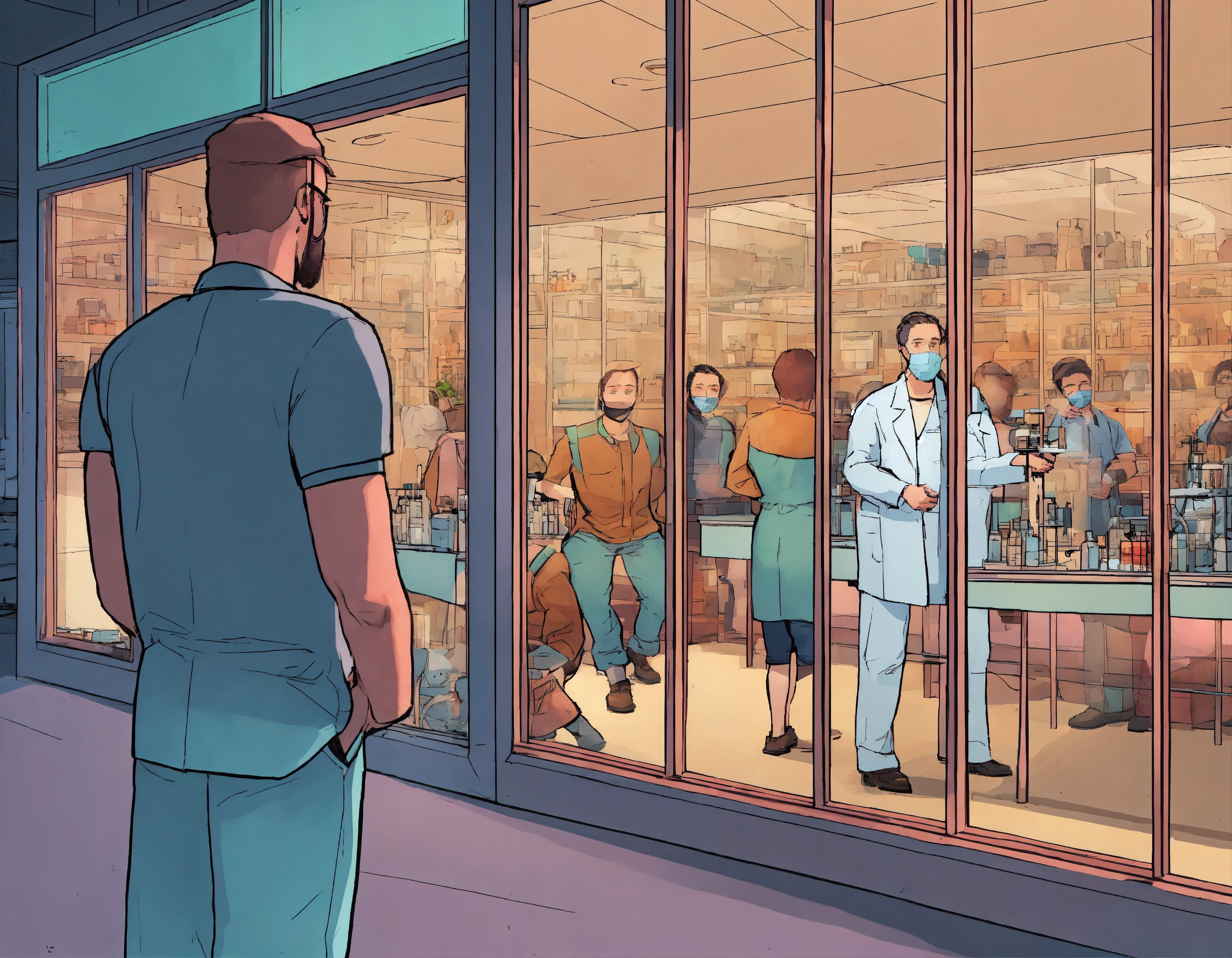 Lexica - Comic Show me a lab with a couple of people behind a glass ...