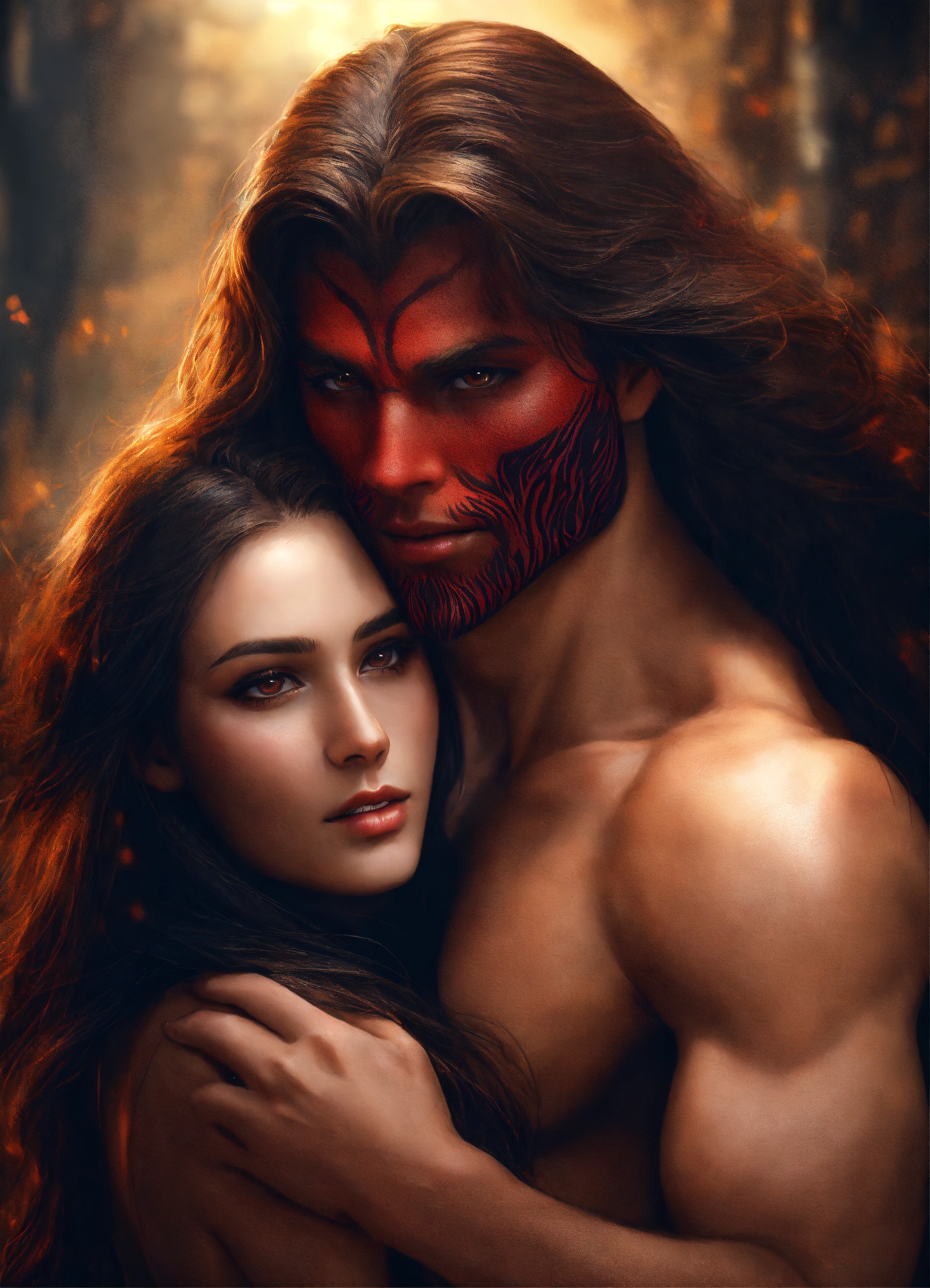 Lexica - Young beautiful woman with long brown hair hugs demon in the ...