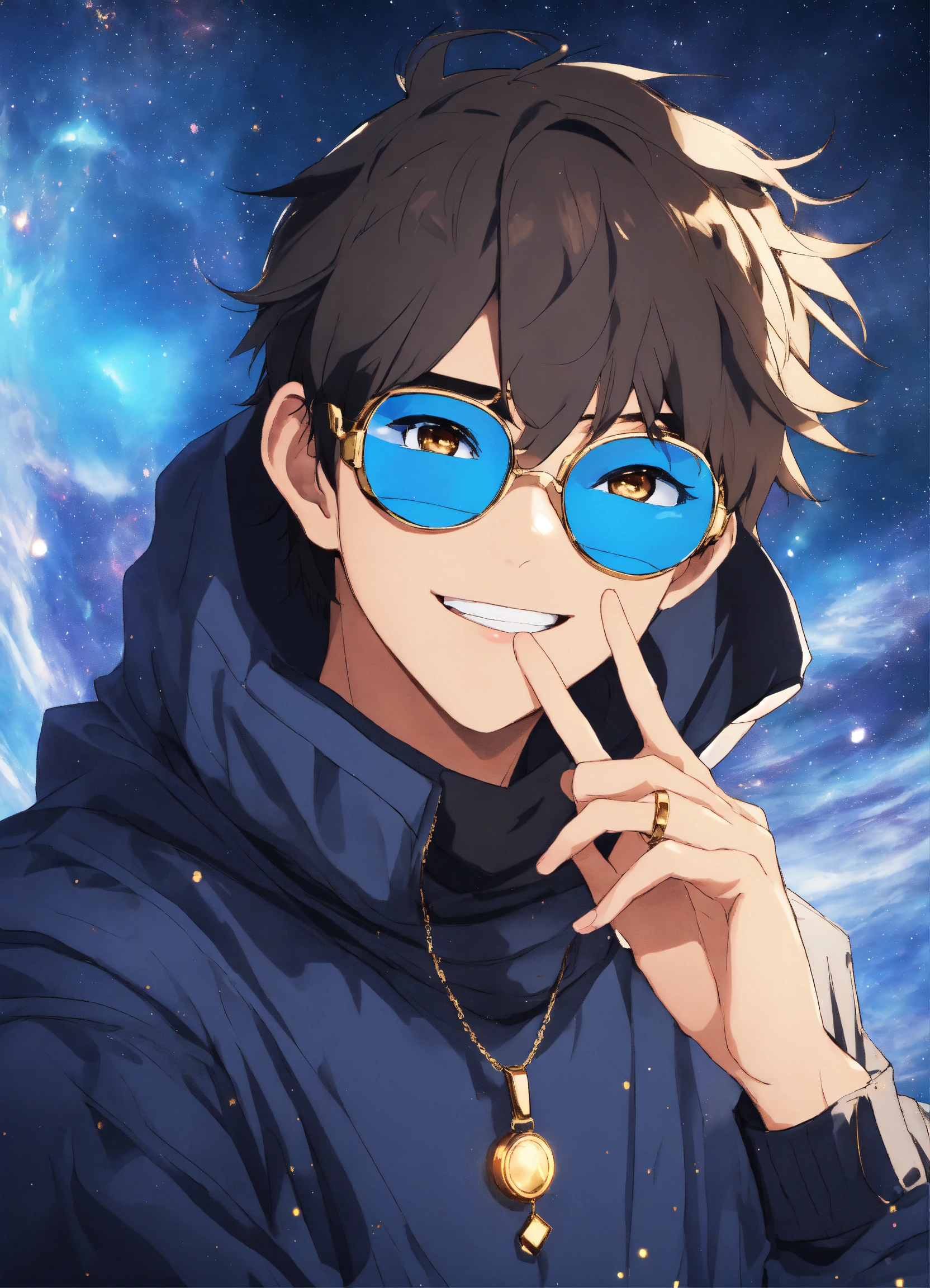 Lexica - A young brown man wearing rectangular blue goggles, only the ...
