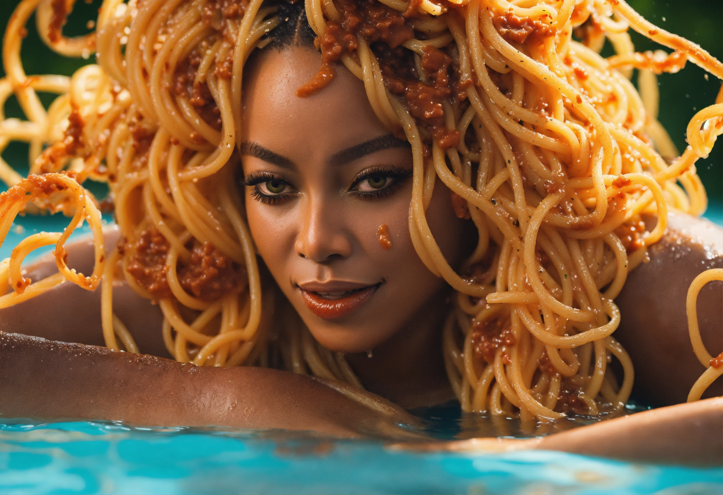 Lexica - Beyonce Knowles diving in a water pool full of spaghetti with ...