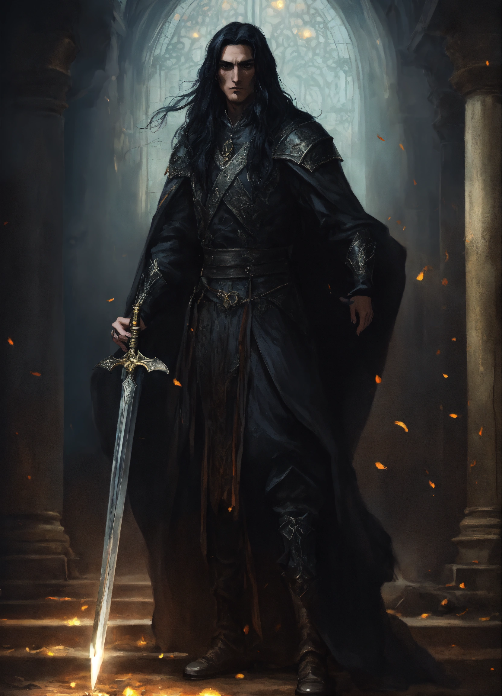 Lexica - A thin guy with long black hair is dressed in a black ...