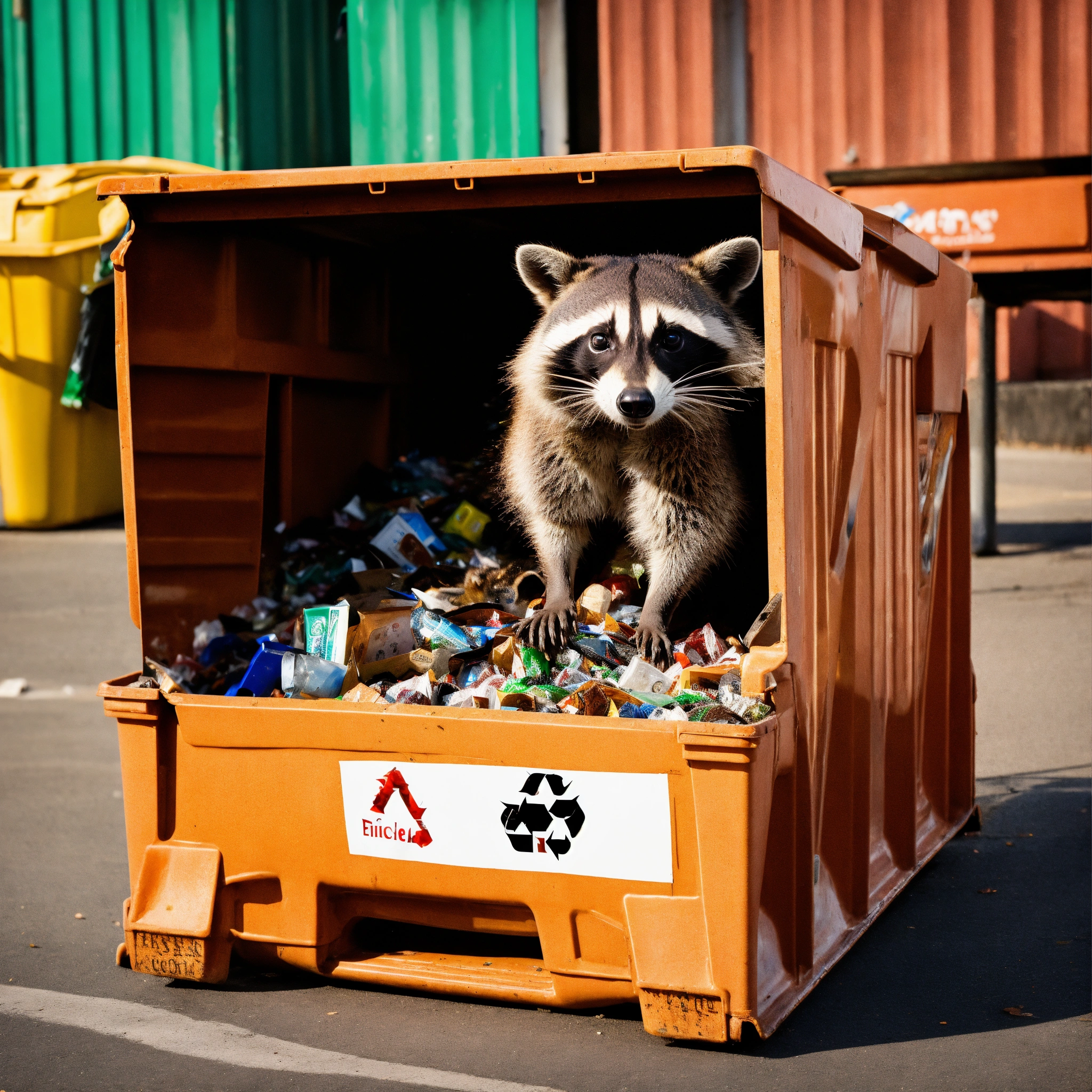 Lexica - A photograph of a raccoon digging through recycling bins with ...