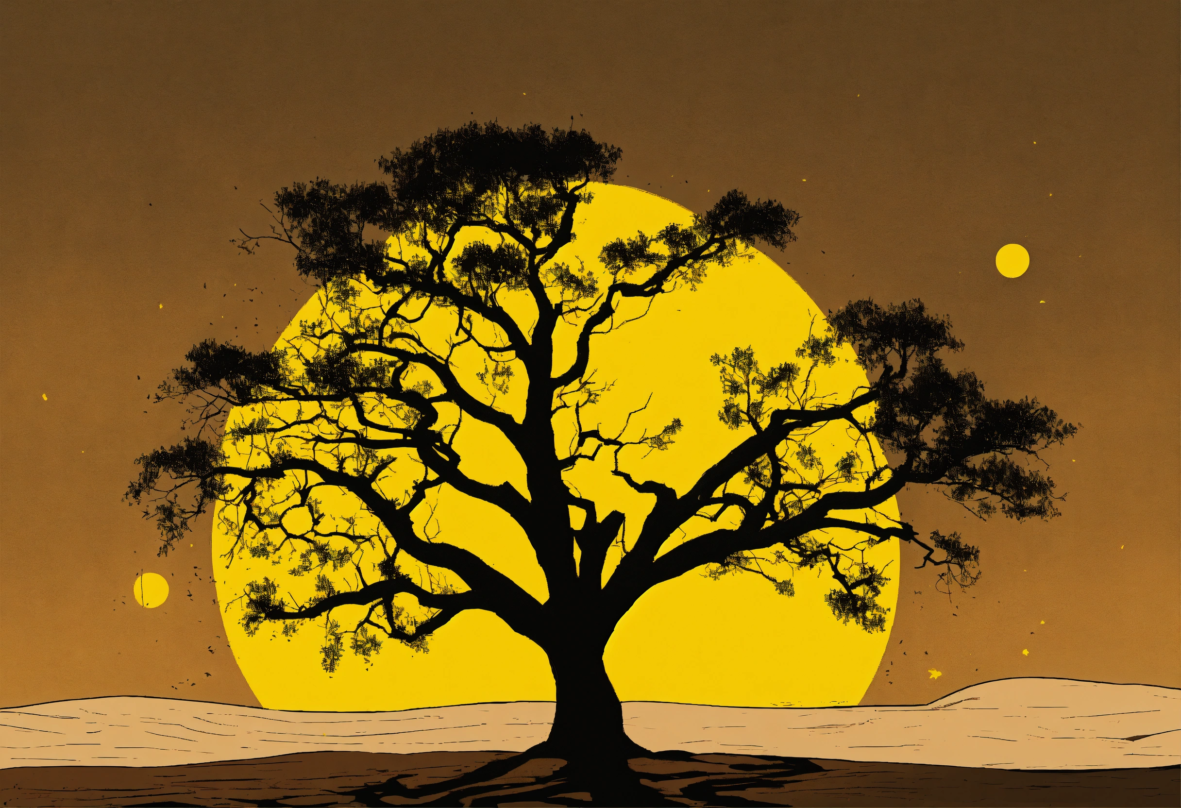 Lexica - Illustration of a black young tee tree with a dark yellow sun ...