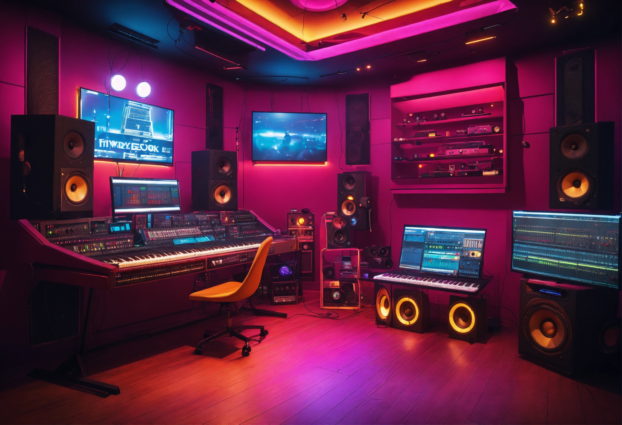 Lexica - Futuristic cyberpunk homey cozy recording studio, color, vivid ...