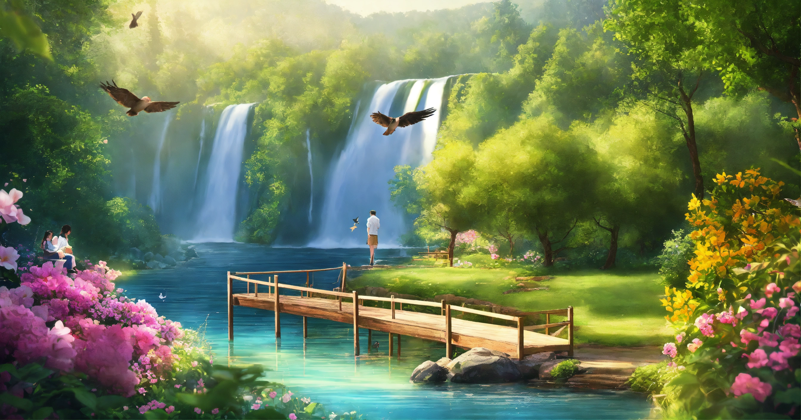 Lexica - Nice small garden along a river, waterfall nearby, surrounded ...