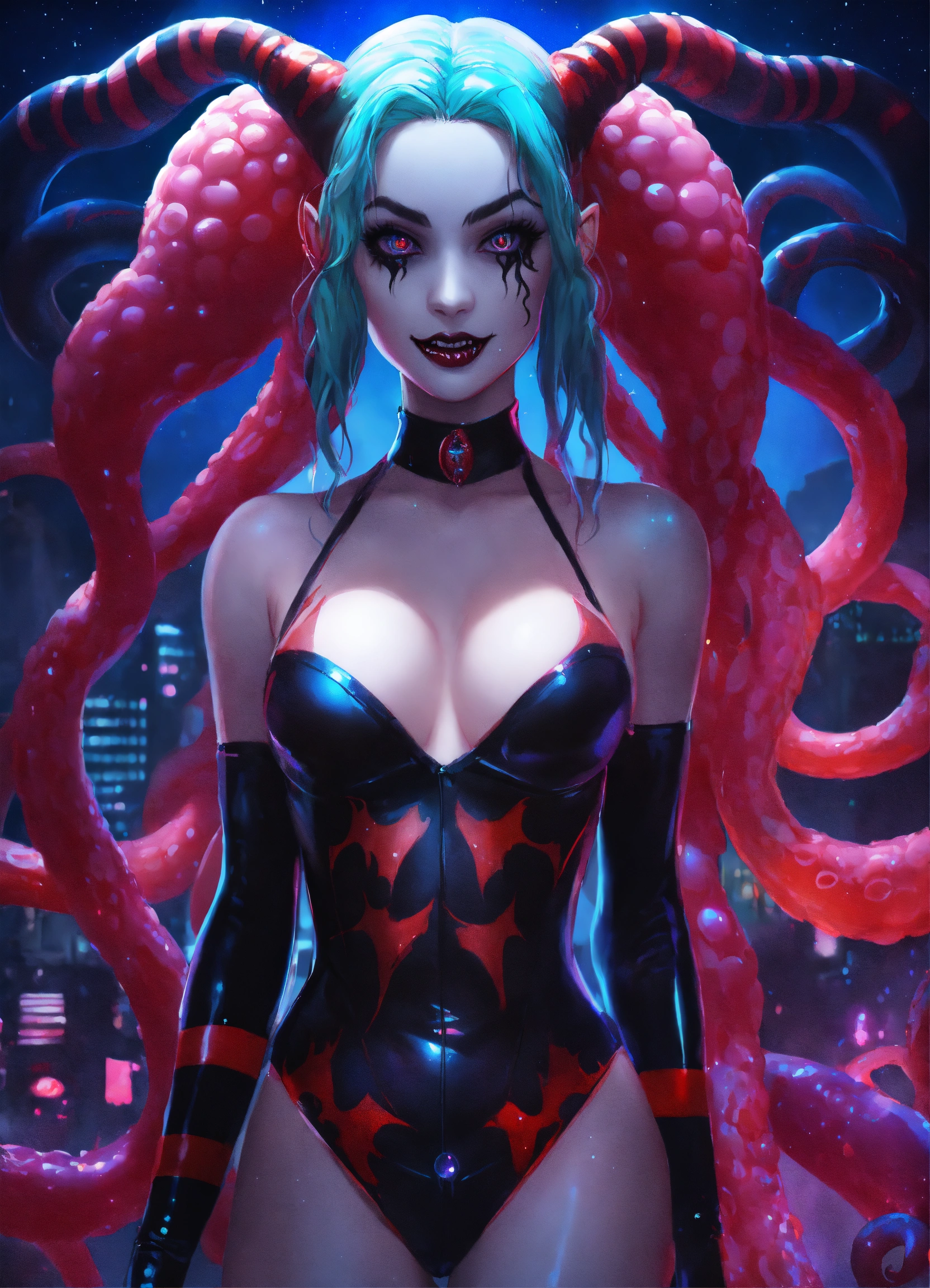 Lexica - Anime, cosplayer,harley quinn, cosmic horror, wide shot ,tentacle  hair, lights for eyes, ,extra eyes, demonic evil venom squid alien, venom  ...