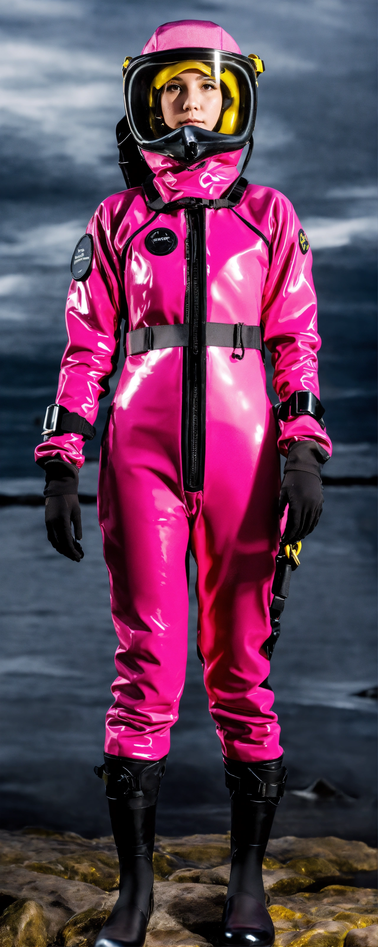 Lexica - Female diver in pink and black glossy viking drysuit