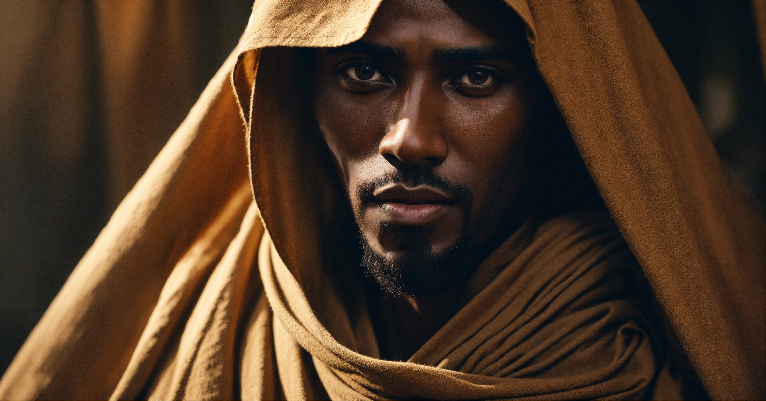 Lexica - Illustrate a view of a handsome, strong, broad-shouldered Ethiopian  man. He is wearing a long tan robe of rough sackcloth. He is very dark...