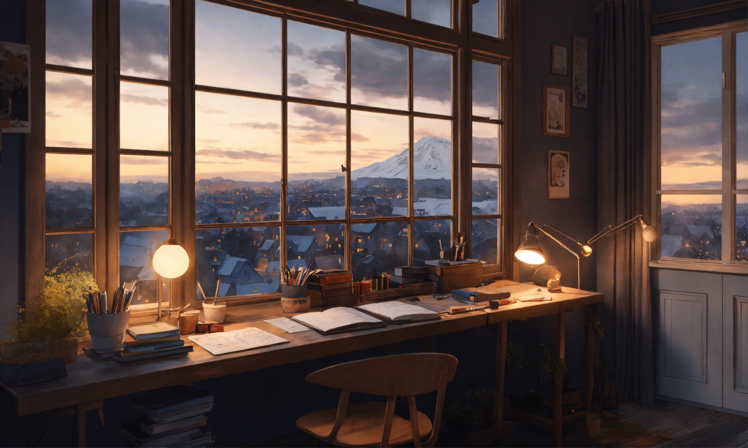 Lexica - Wooden study desk against white walls, grey washed, big window ...