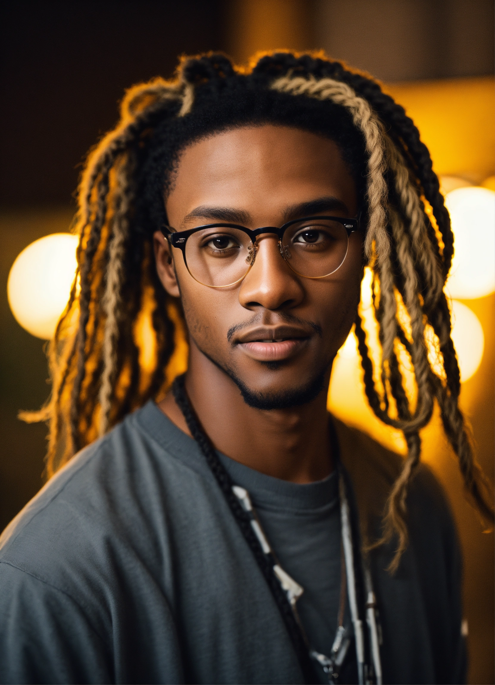 Lexica - Black male 20 year old, light skin, long brown dreads, wearing  glasses