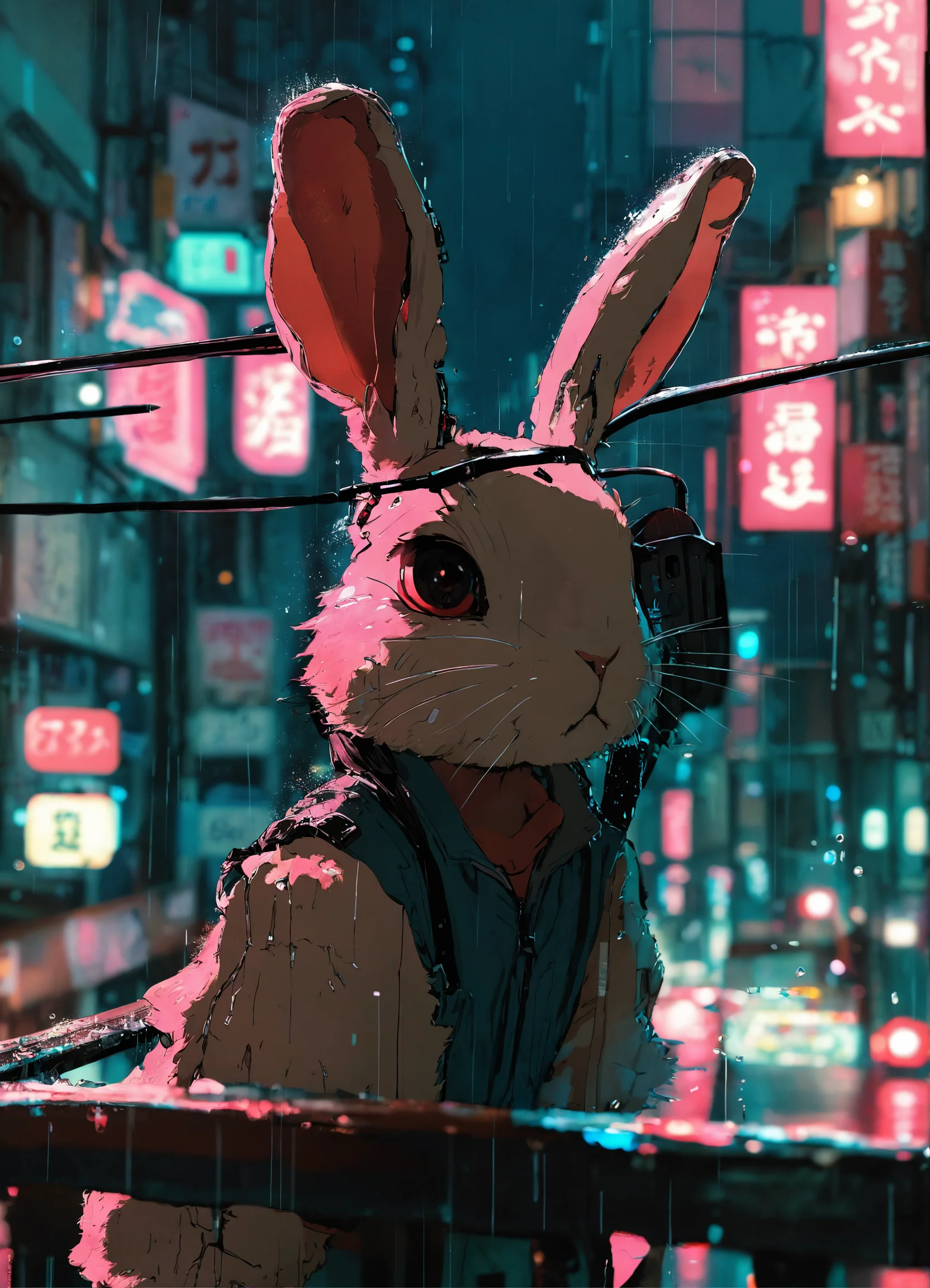 Lexica - Cyberpunk anime ghibli rabbit art in rainy city tokyo night