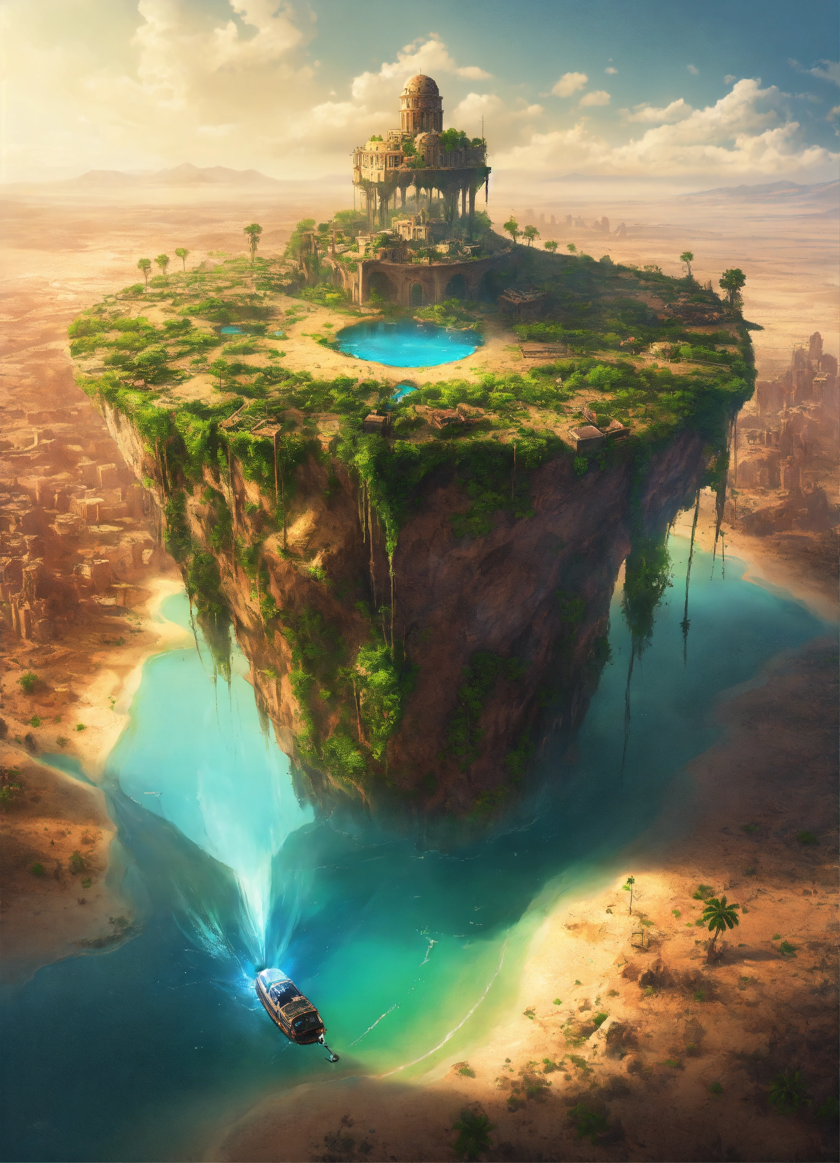 Lexica - A flying island with a city on top in the middle of the desert ...