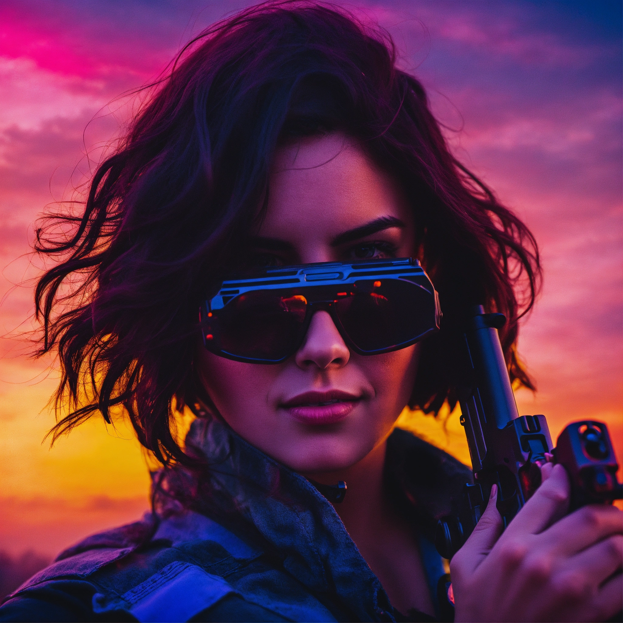 Lexica - Close up of a woman holding a gun, in front of a colourful sky