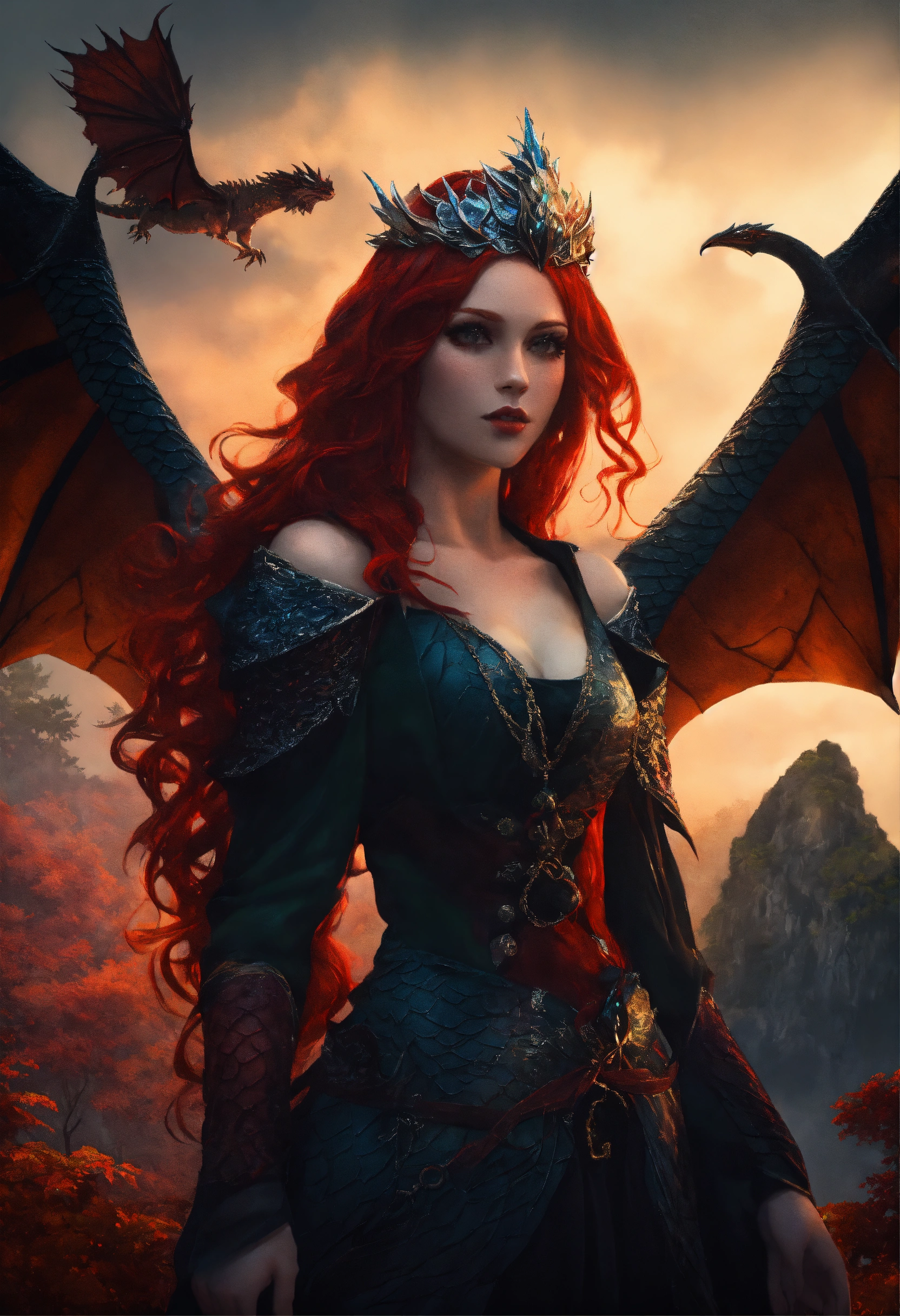 Lexica - Sorceress with dragon scales and eerie red hair with forest in ...