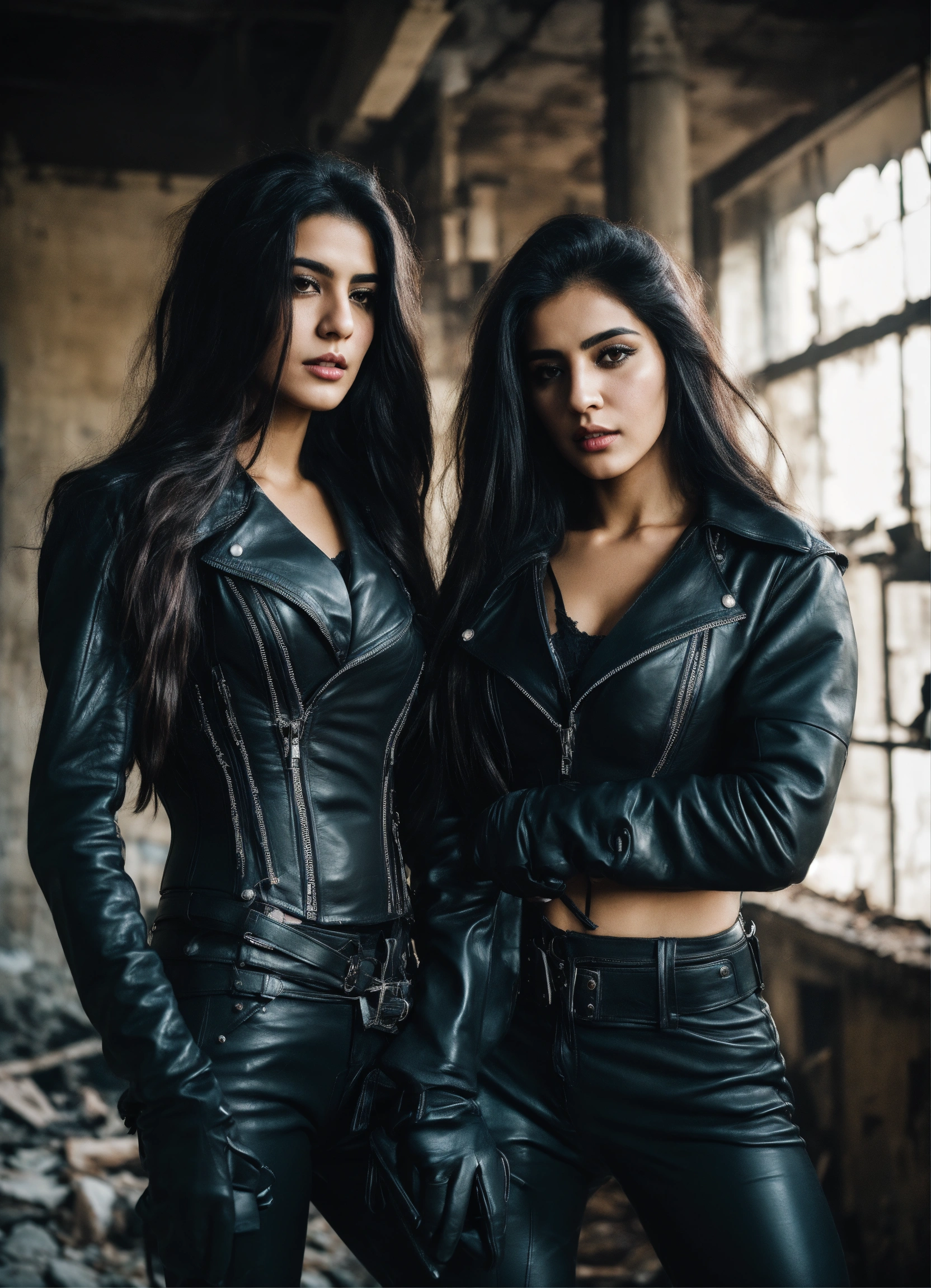 Lexica Two young iranian women with very long hair posing in a dark abandoned building wearing a black leather corset and black leather gloves lea
