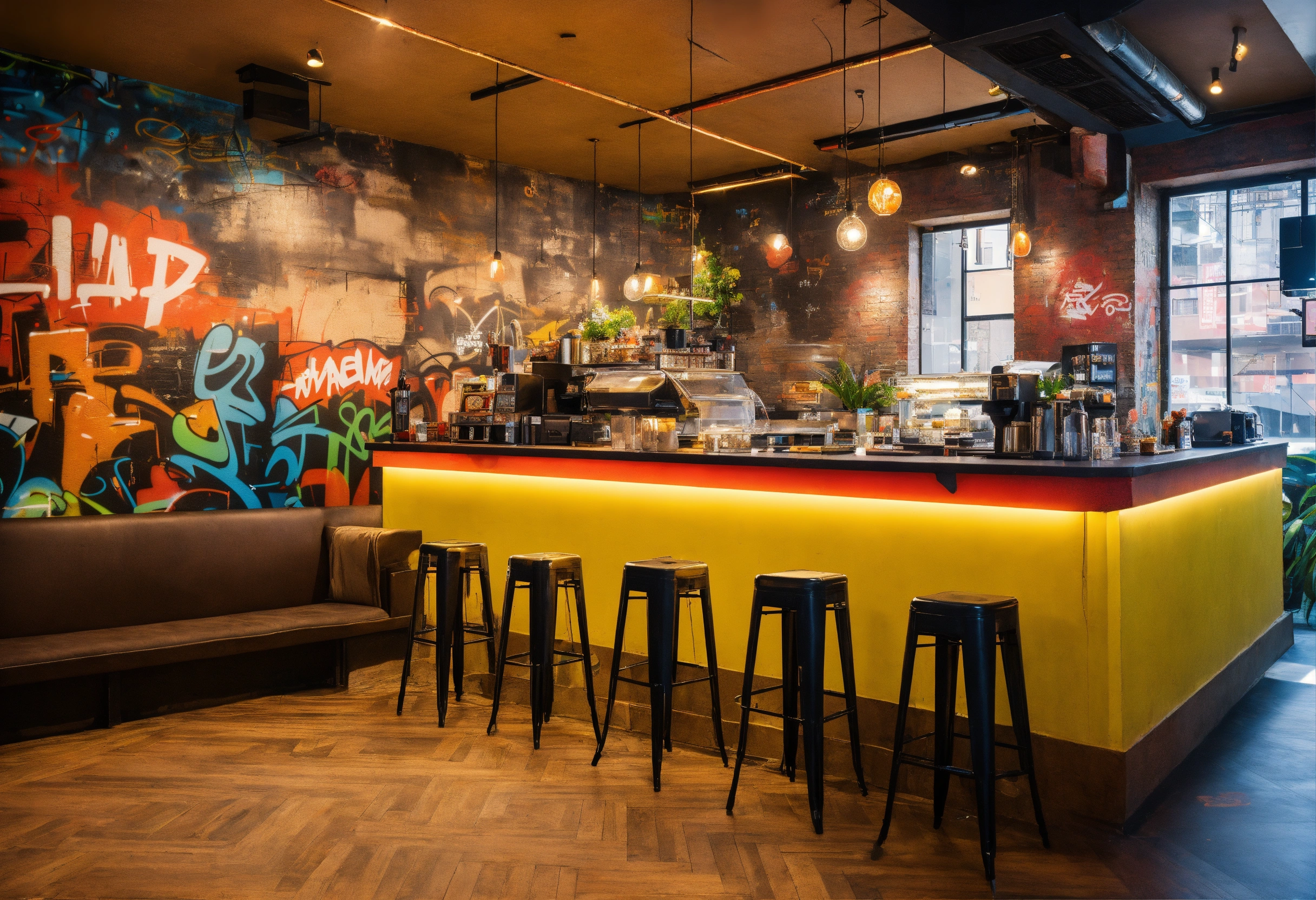 Lexica - Cafe interior design in modern hip-hop theme with graffiti's ...
