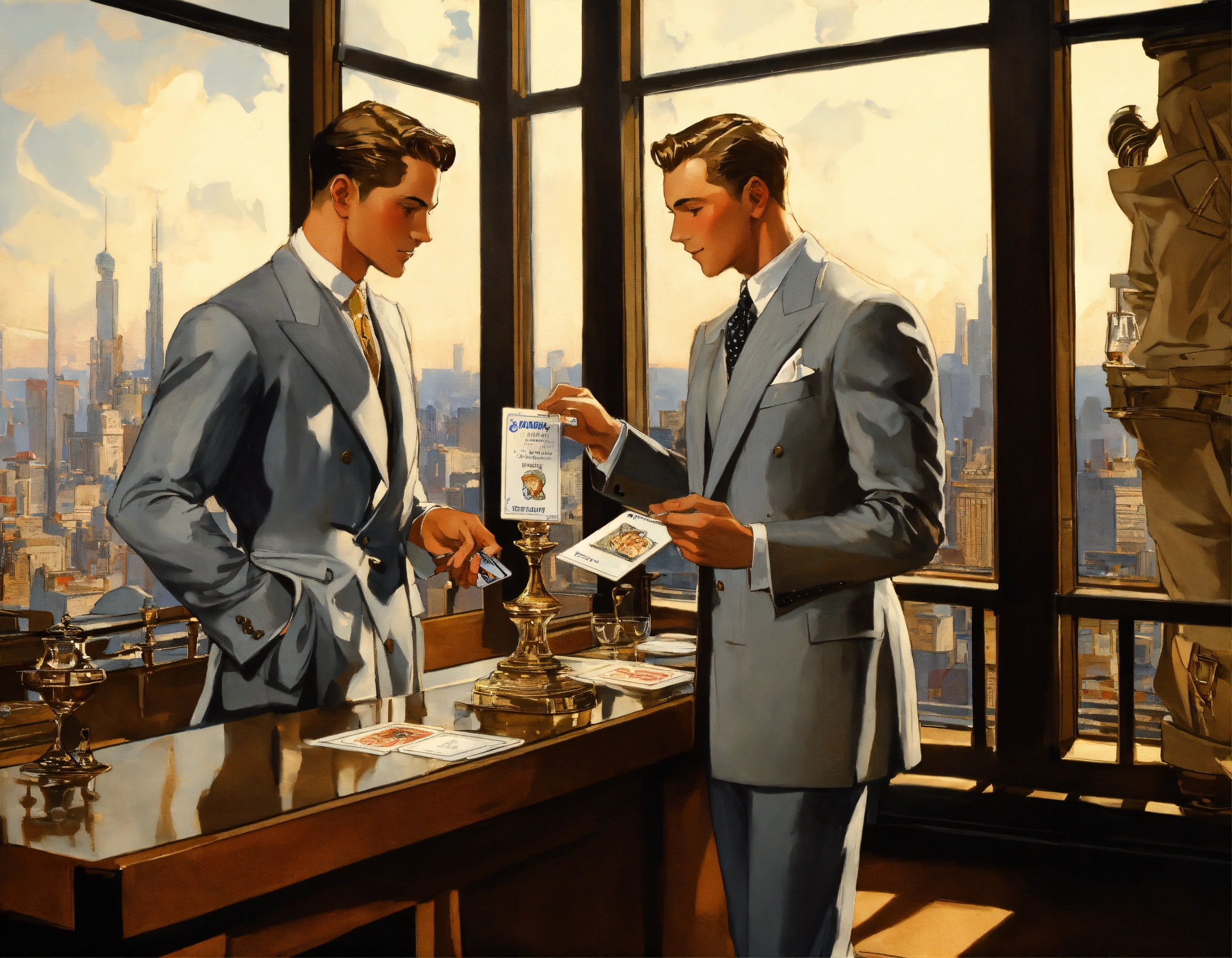 Lexica - Two male traders in grey double breasted suit exchanging their ...