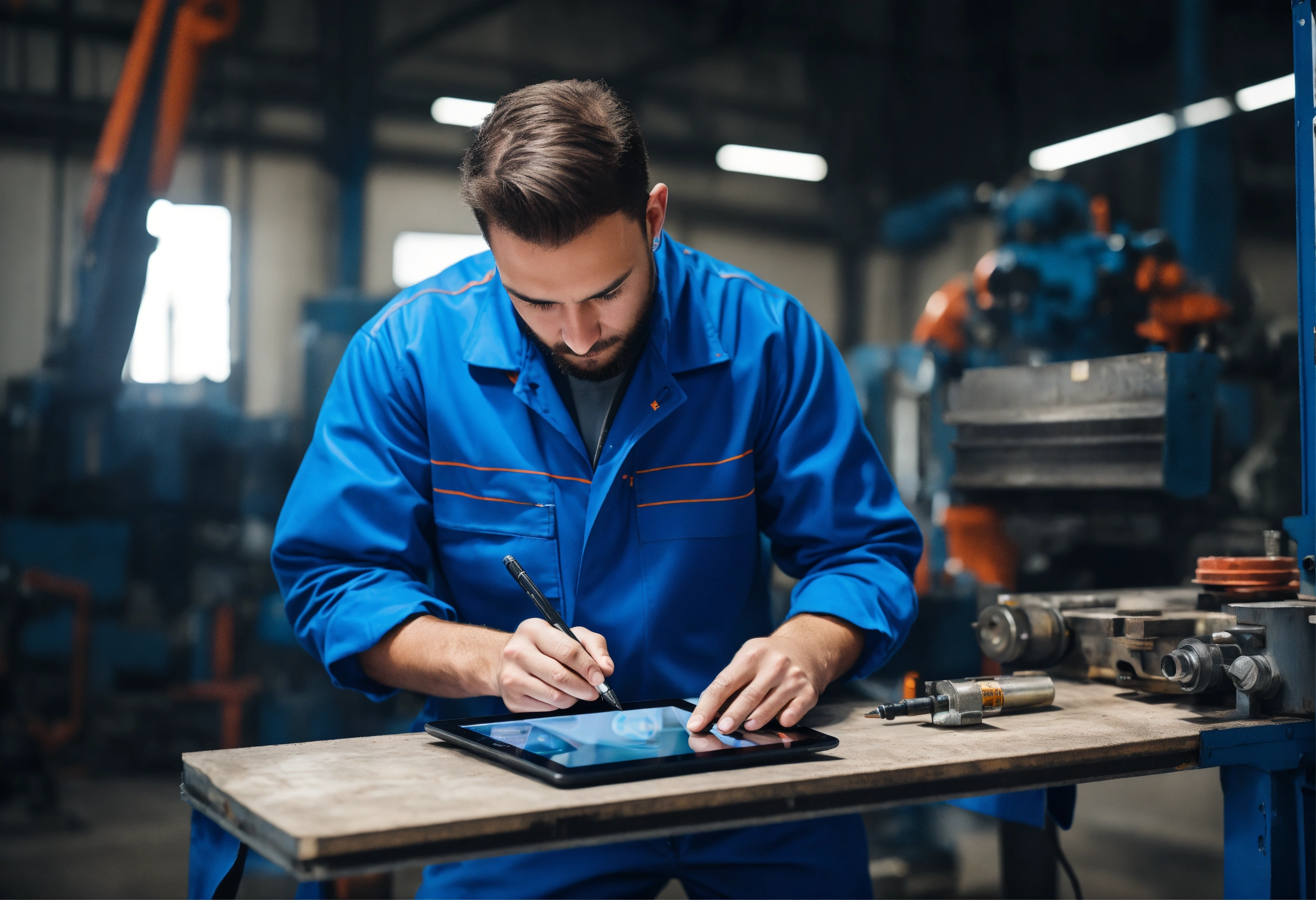 Lexica An industrial mechanic in a blue work suit stands in a