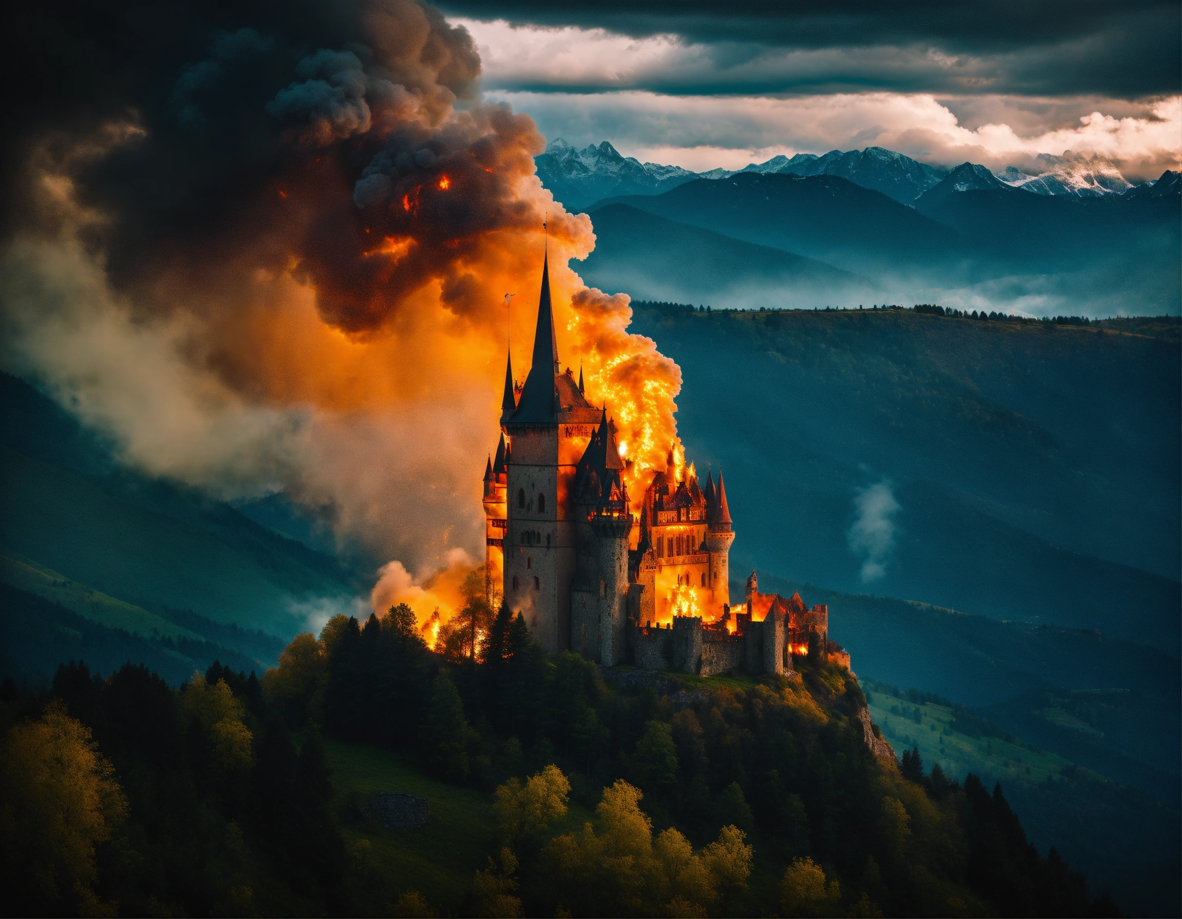 Lexica - Photography of a burning gothic castle in the mountains, storm ...