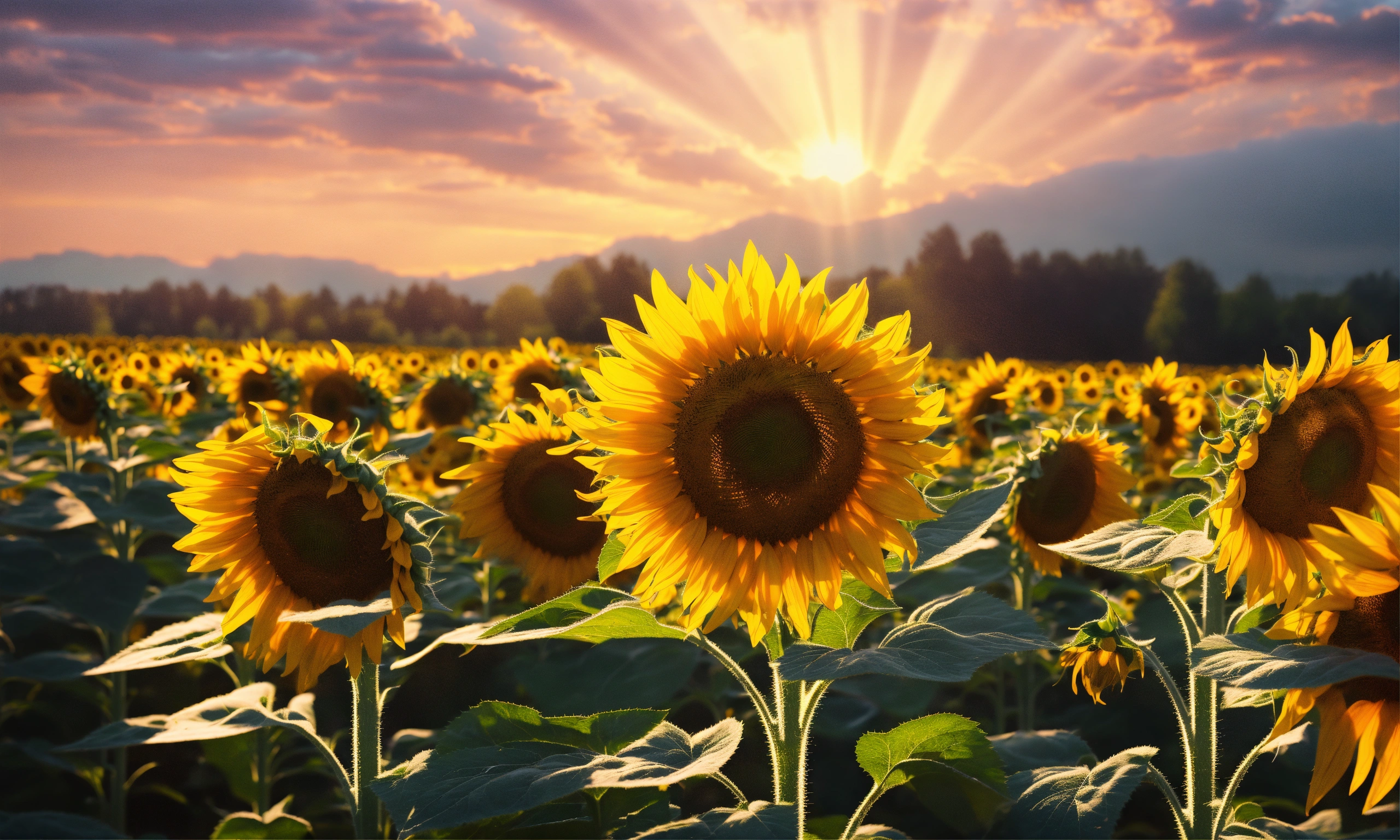 Lexica - Close up of sunflower field with rays of sunlight, lots of ...