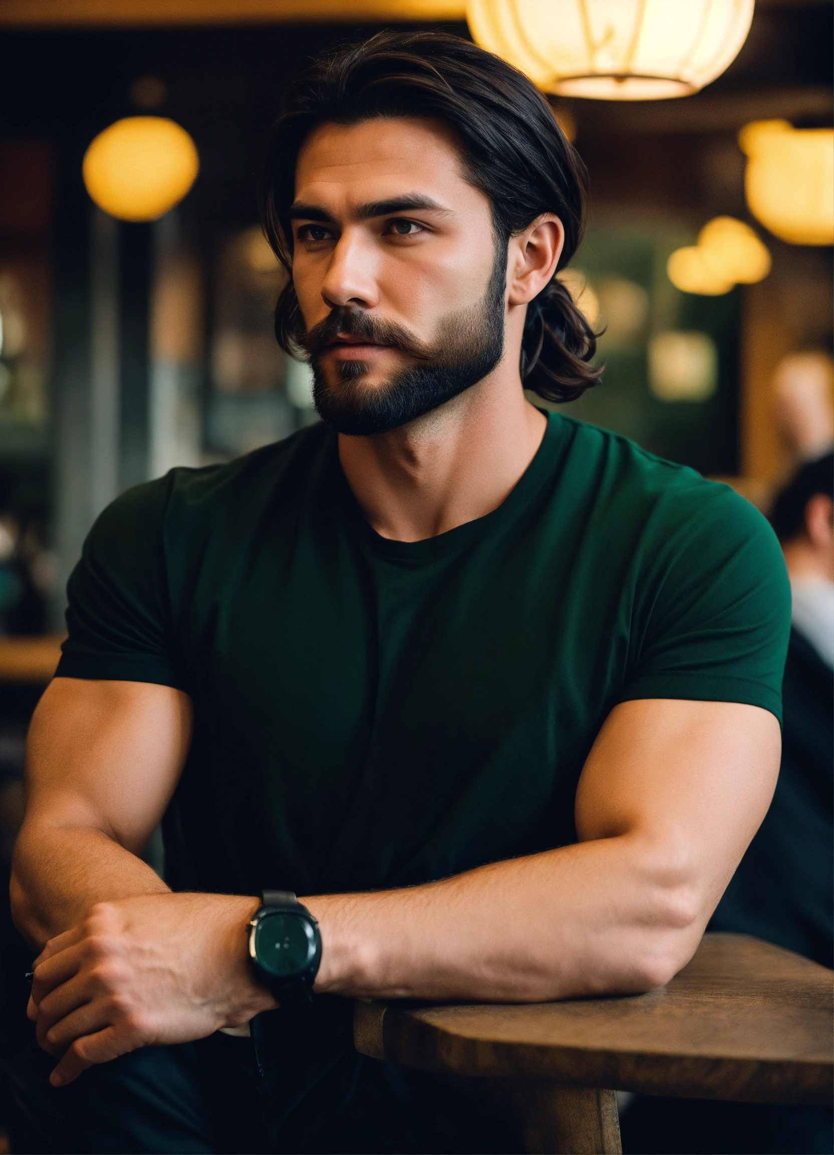 Lexica - A handsome brutal man with shoulder-length dark hair in a ...