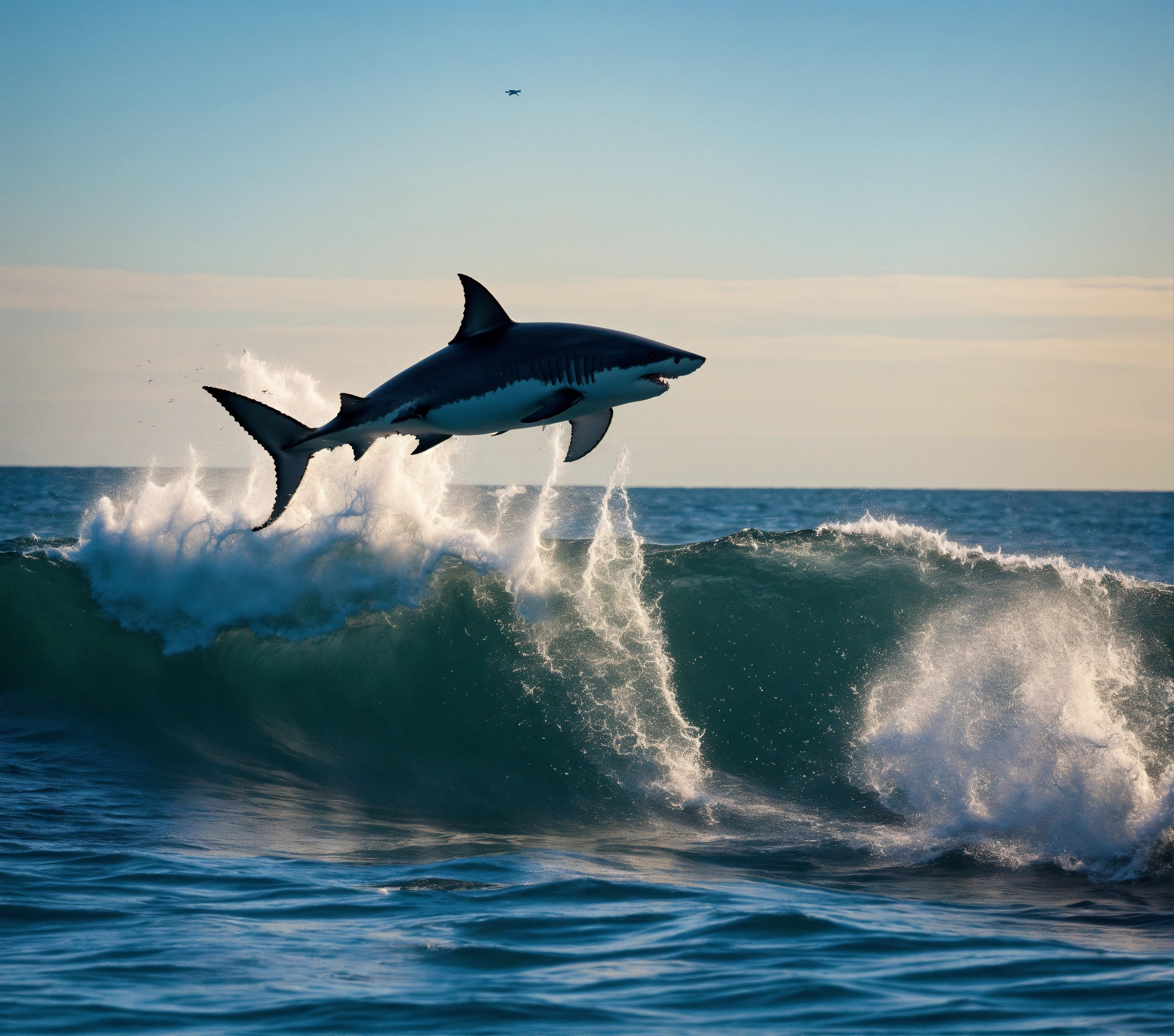 Lexica - Great white shark jumping out of the ocean water chasing after ...