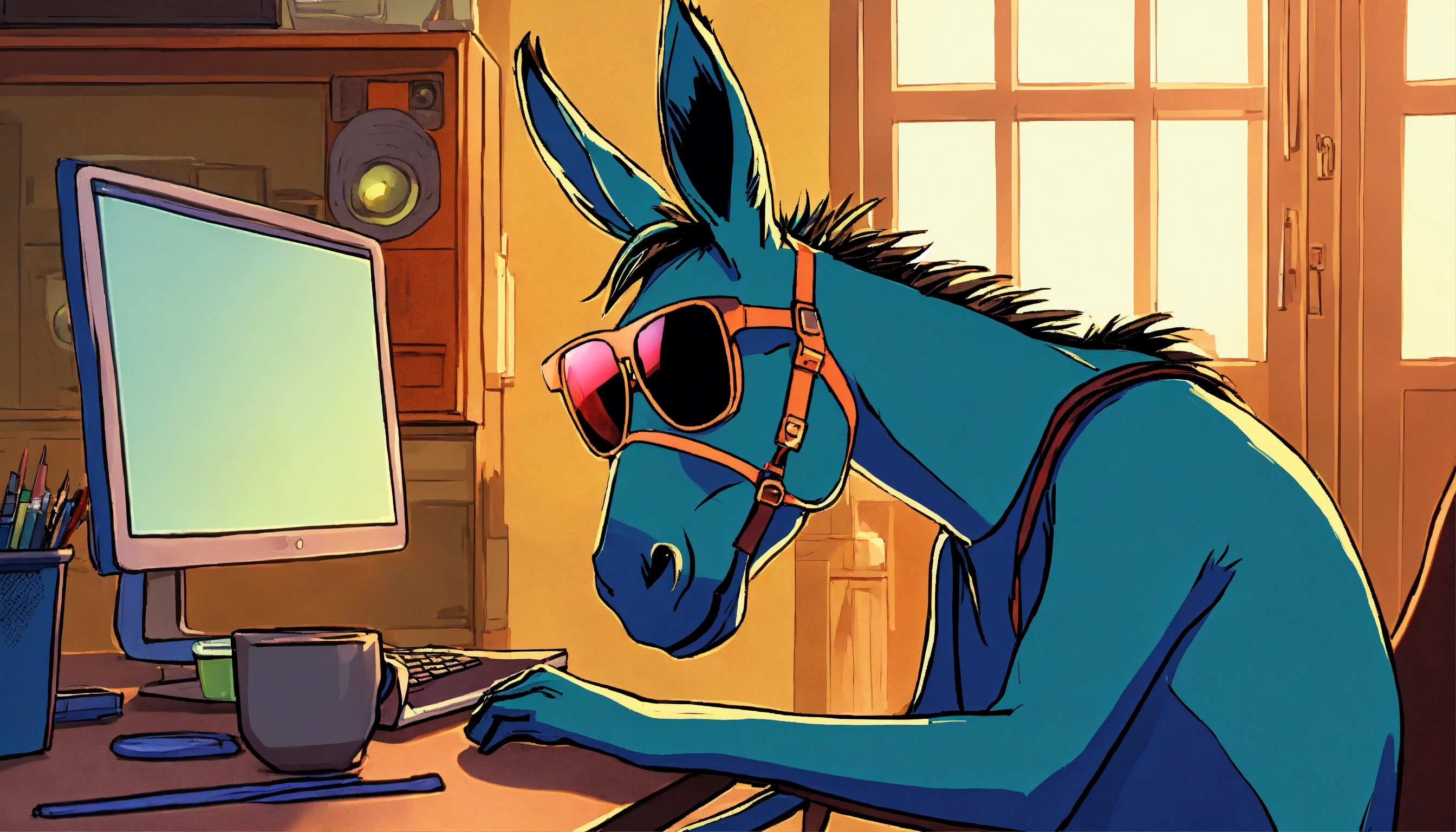 Lexica - A donkey with sunglasses black in the neck, sitting at a desk ...