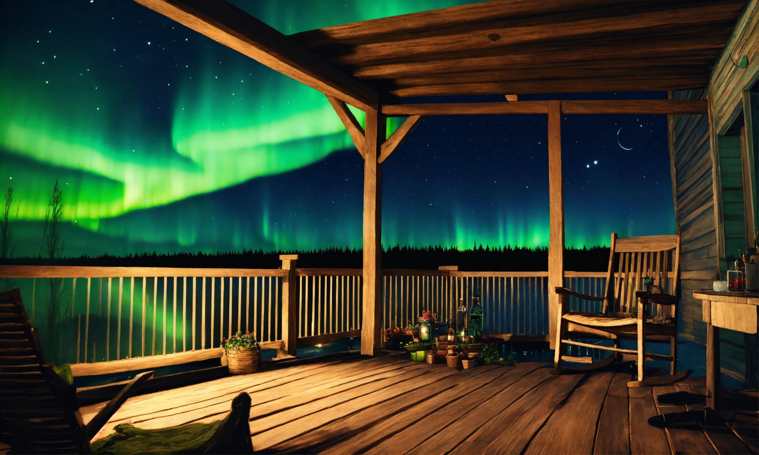 Lexica - Epic shot of ultra detailed and cozy porch in Sweden at a lake ...