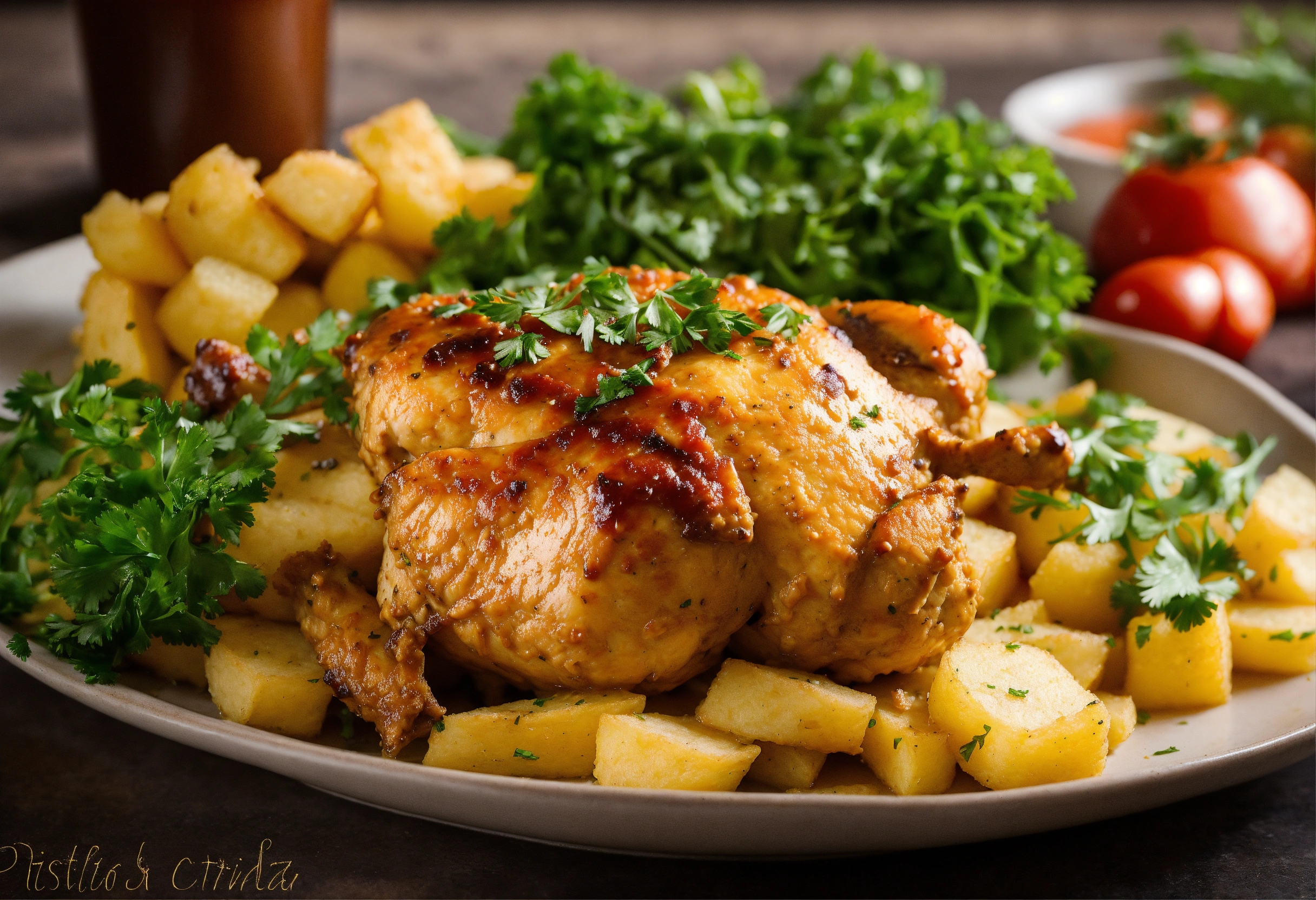 Lexica - Imagen fotografica de pollo roztizado con papitas enteras