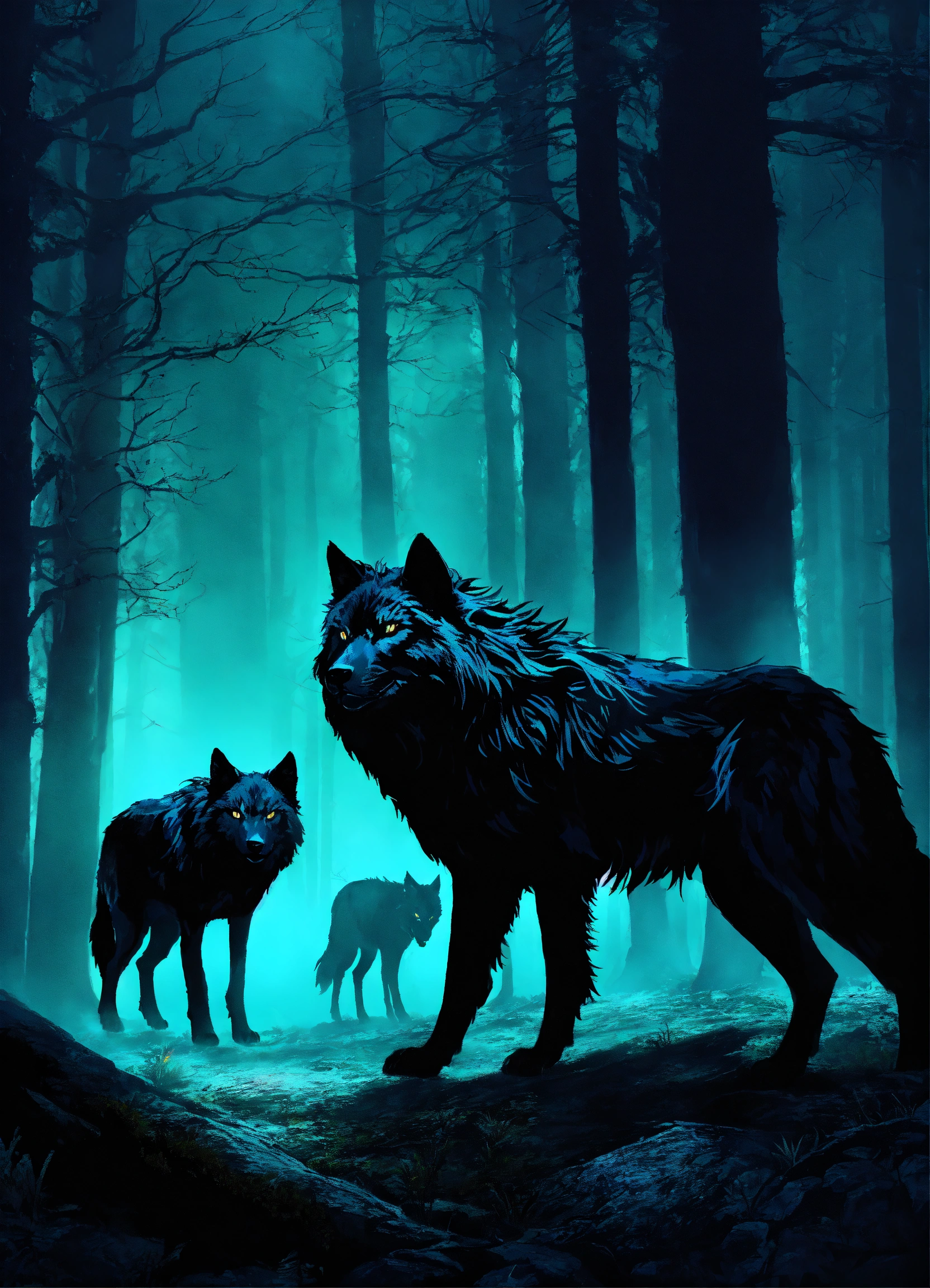Lexica - Black wolves in a dark forest, night, dark, spooky, scary ...