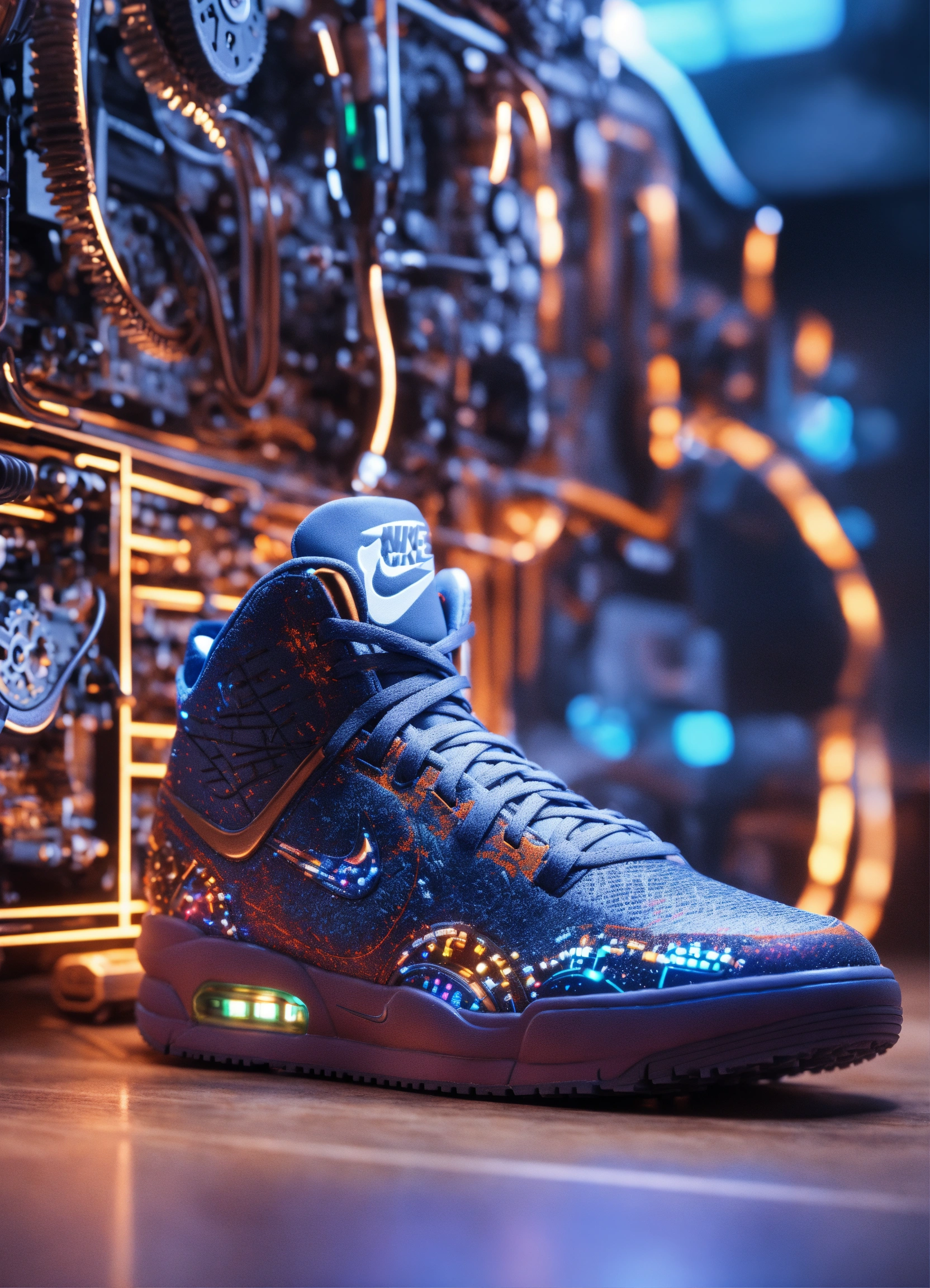 Lexica Nike sneakers made out gears wires mechanical electronics PCB hyper realis futurist stunning unreal engine render product photogra